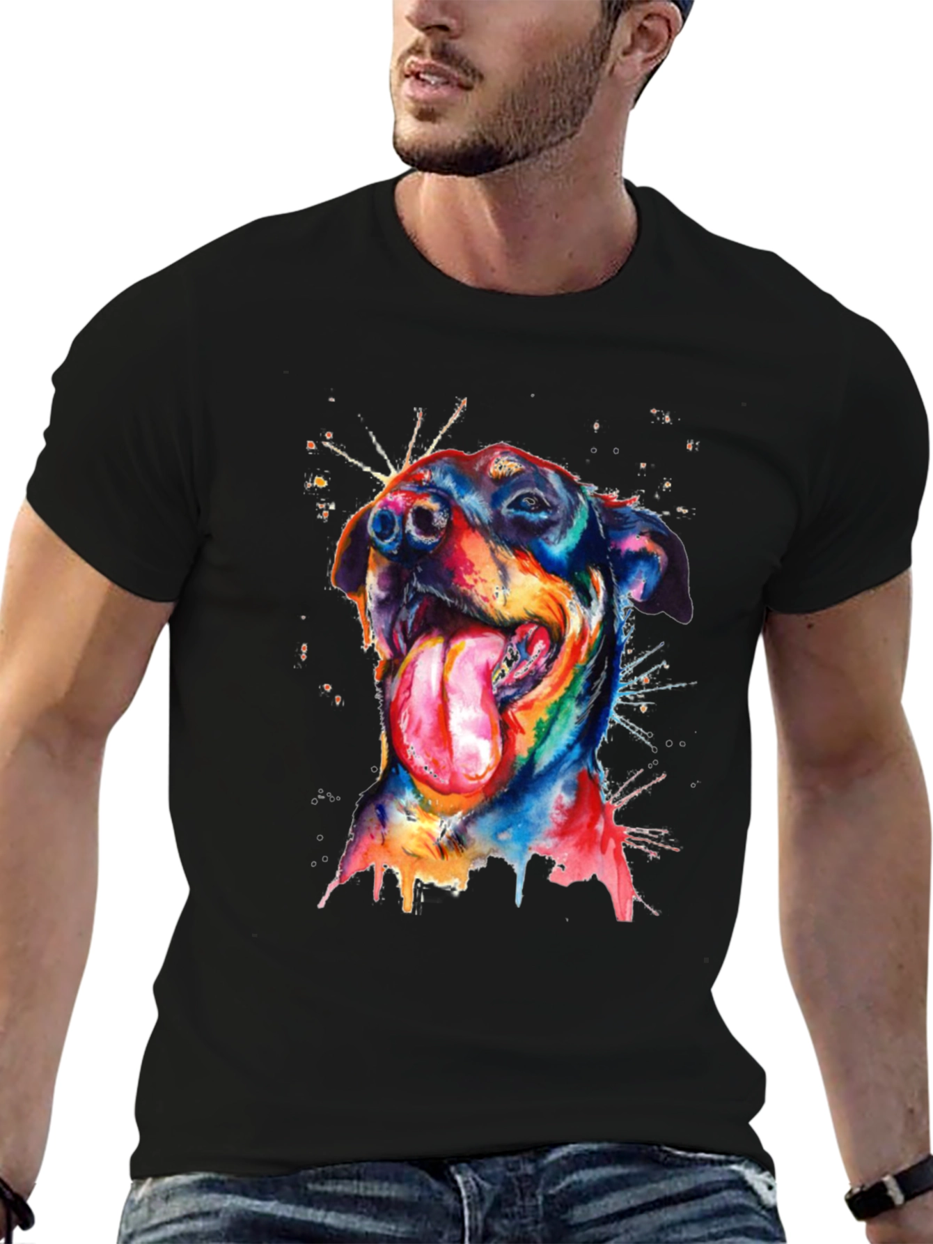 Black Dog Watercolor Men's Black T-Shirt view 6