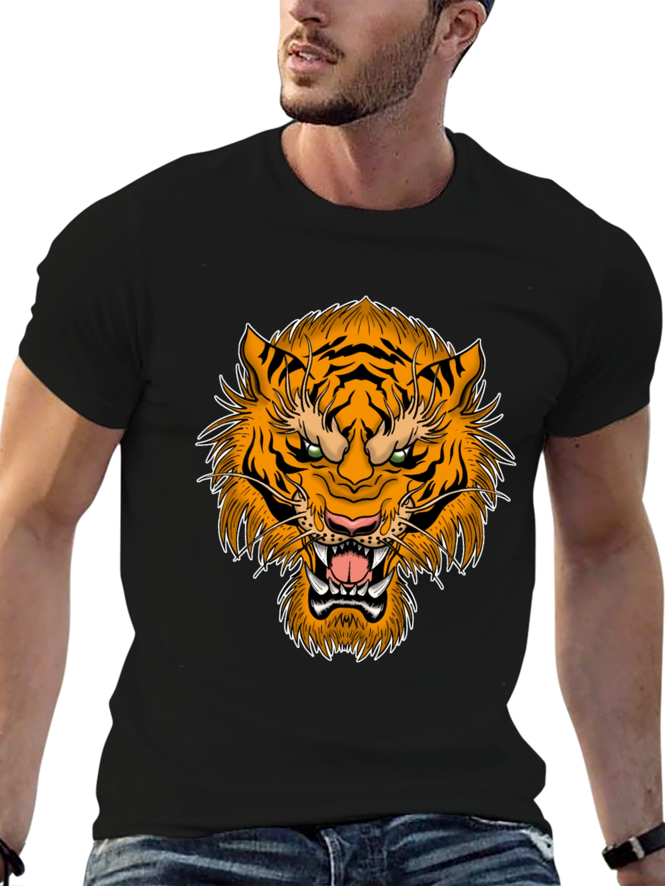 Black Bold Tiger Graphic Print Black T-Shirt view 6