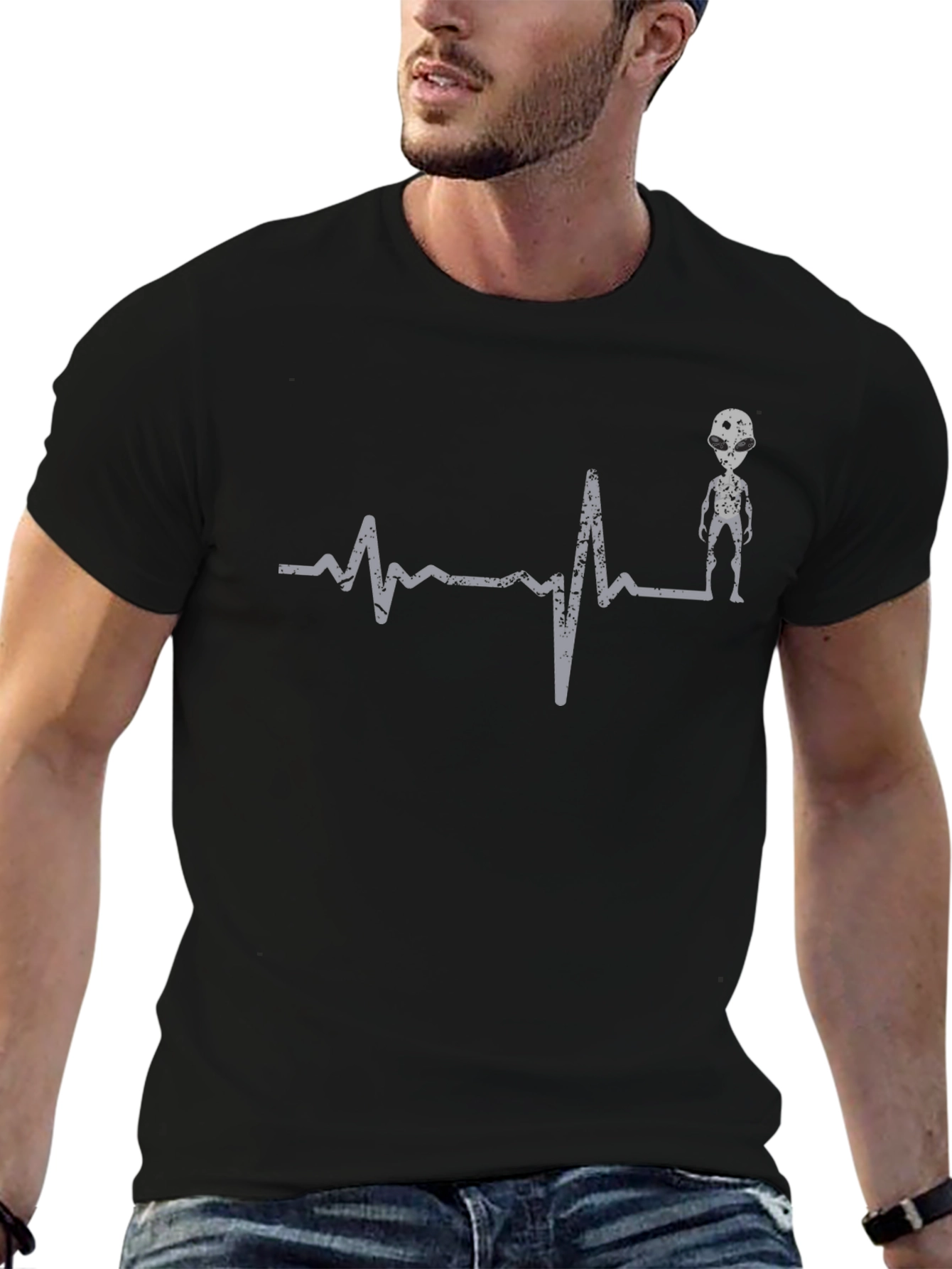 Black Alien Heartbeat T-Shirt - Men's Graphic Tee view 6