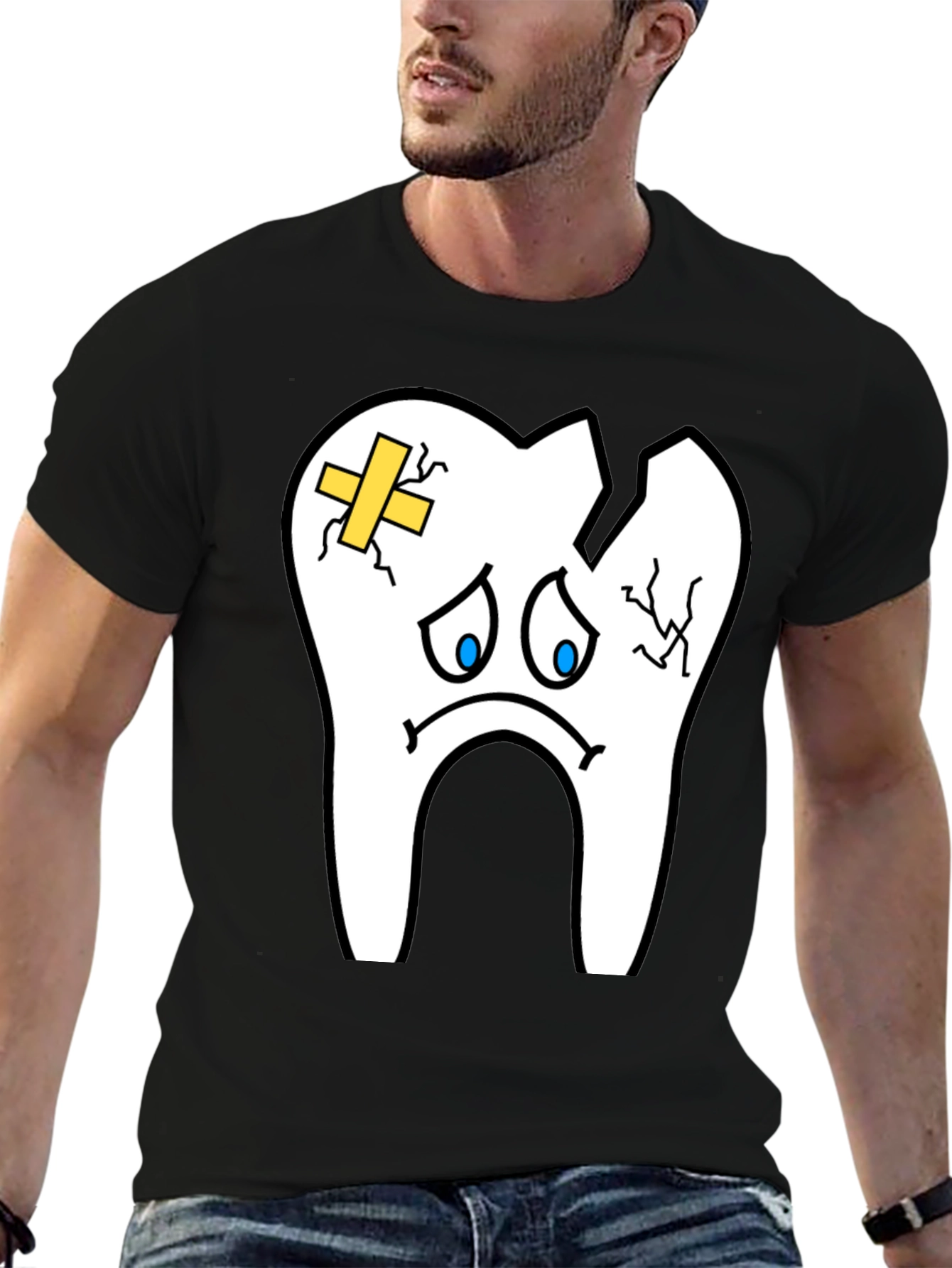 Black Sad Broken Tooth Graphic Tee - Dental Humor T-Shirt view 6