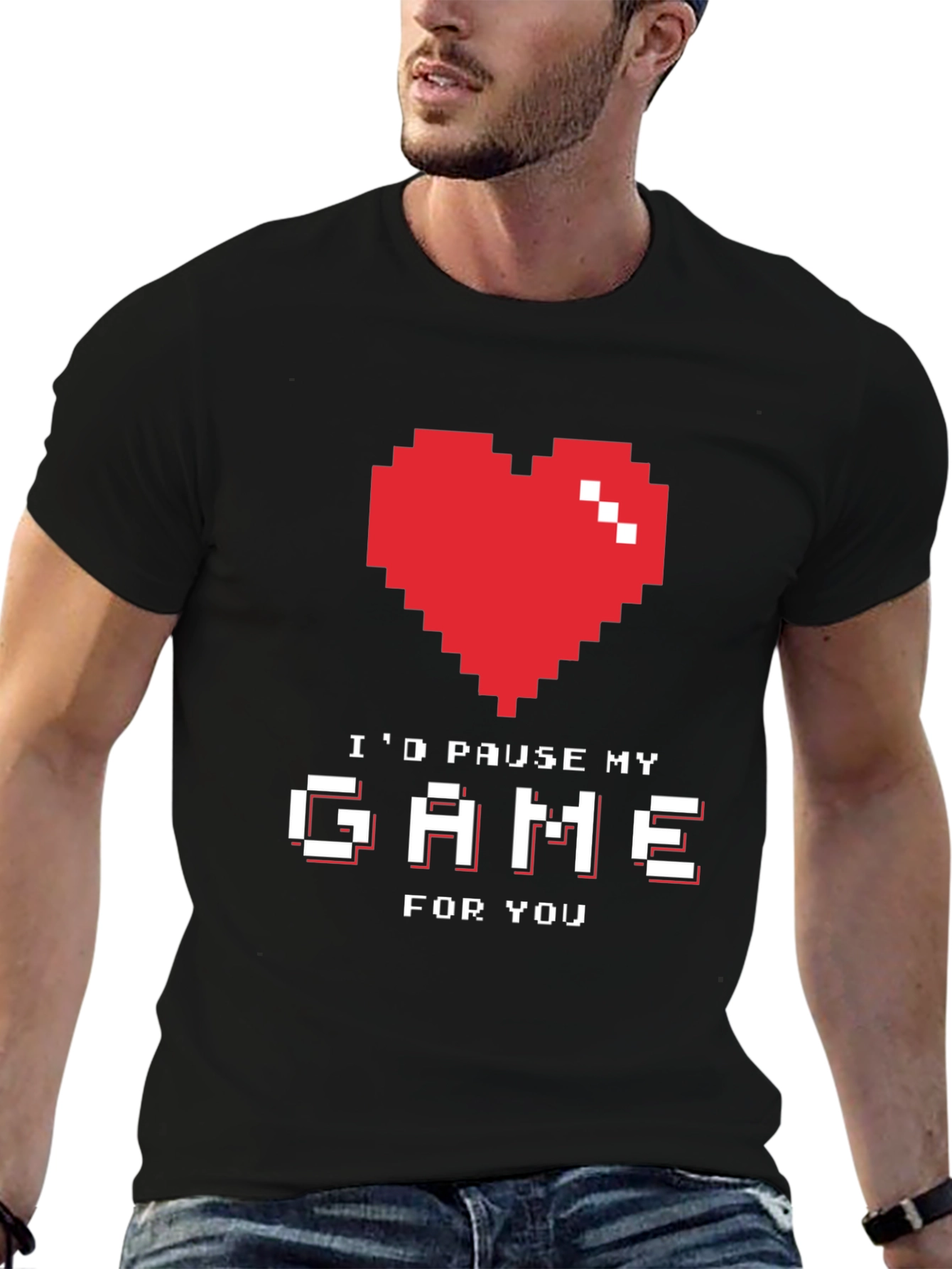 Black Gamer Love T-Shirt - I'd Pause My Game For You - Pixel Heart view 6