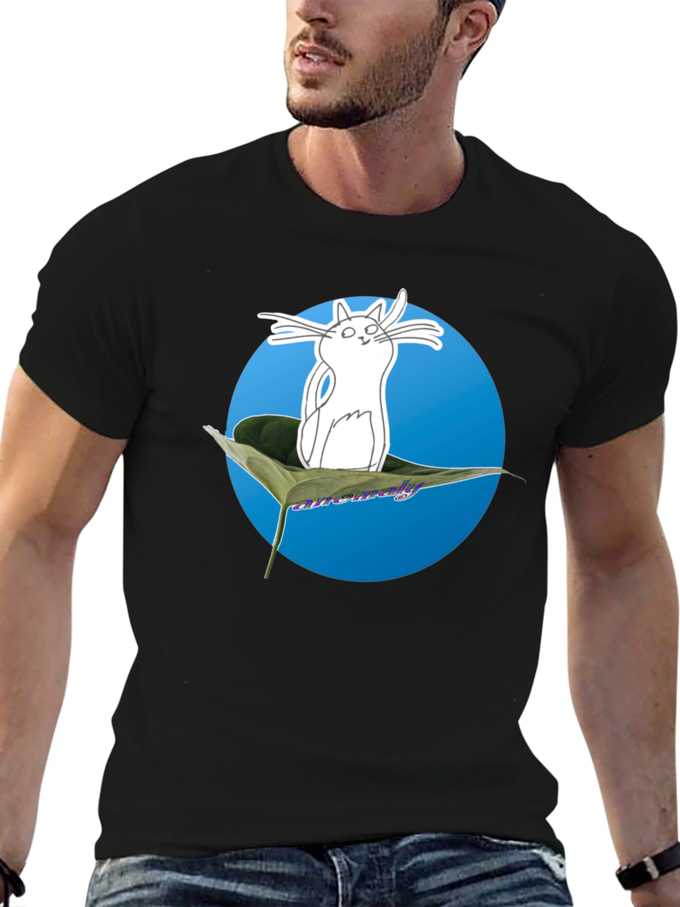 Black Cute Cat Leaf T-Shirt - Quirky Graphic Tee view 6