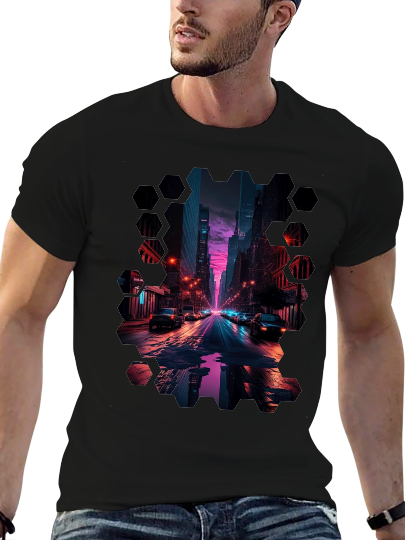 Black Cyberpunk Cityscape T-Shirt view 6