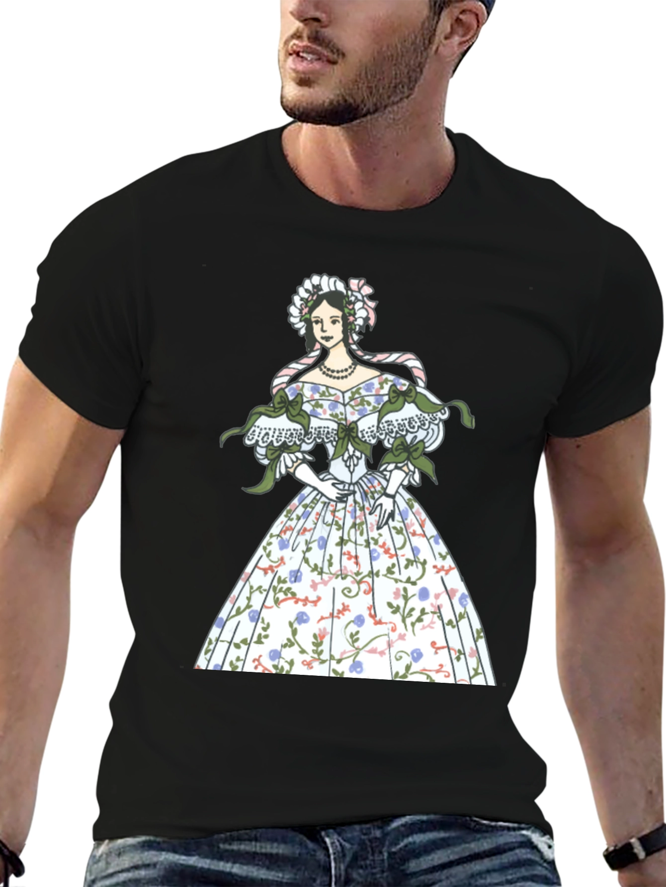Black Elegant Floral Dress Graphic Tee - Black view 6