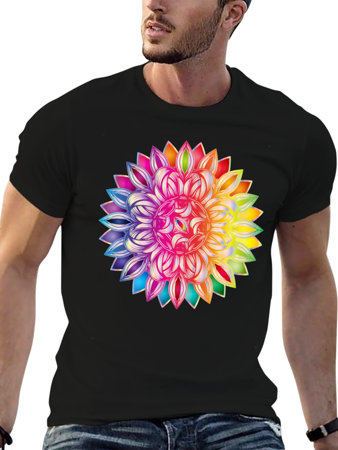 Black Rainbow Mandala Graphic Black T-Shirt view 6