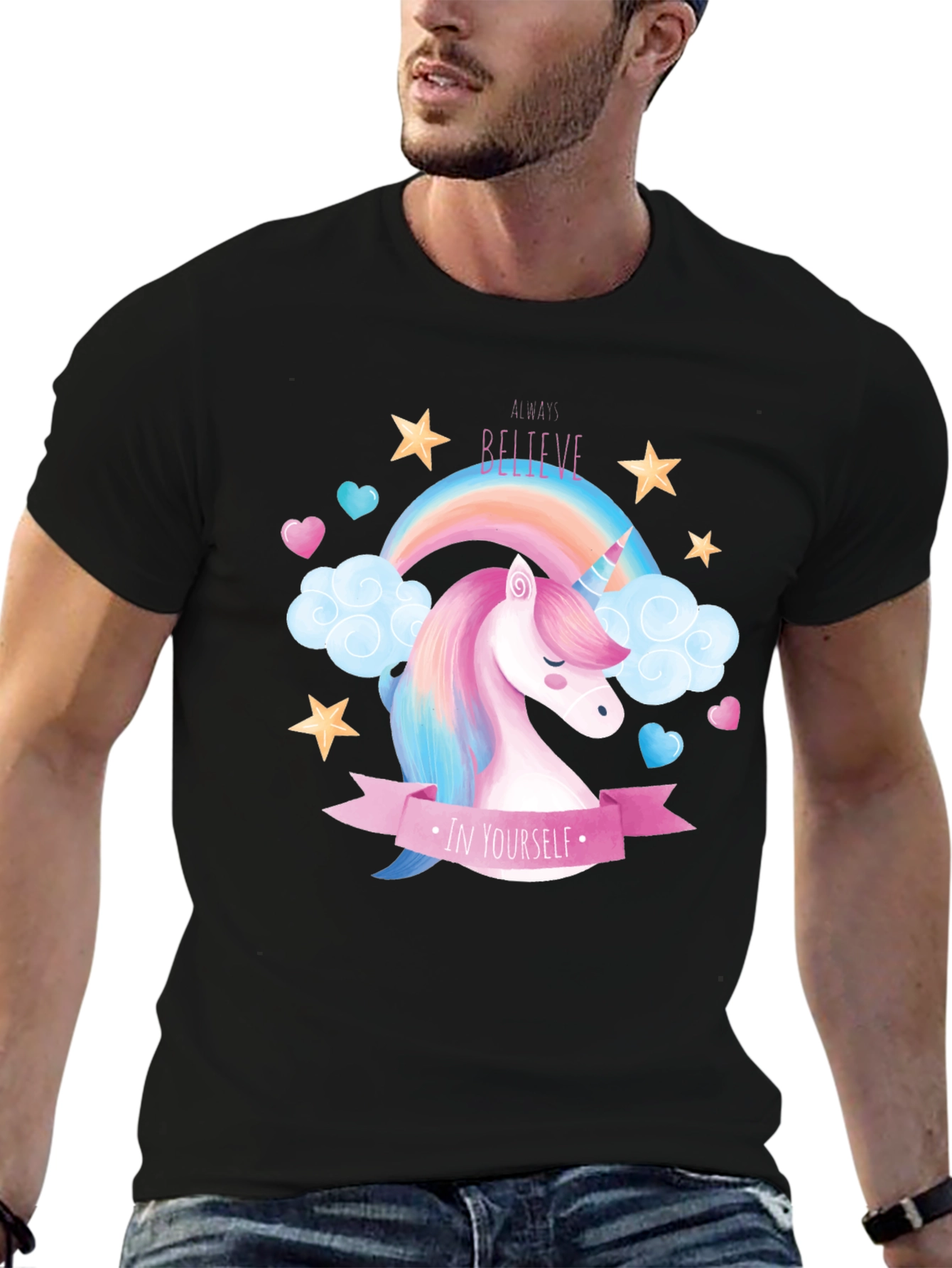 Black Believe In Yourself Unicorn T-Shirt - Black Cotton view 6