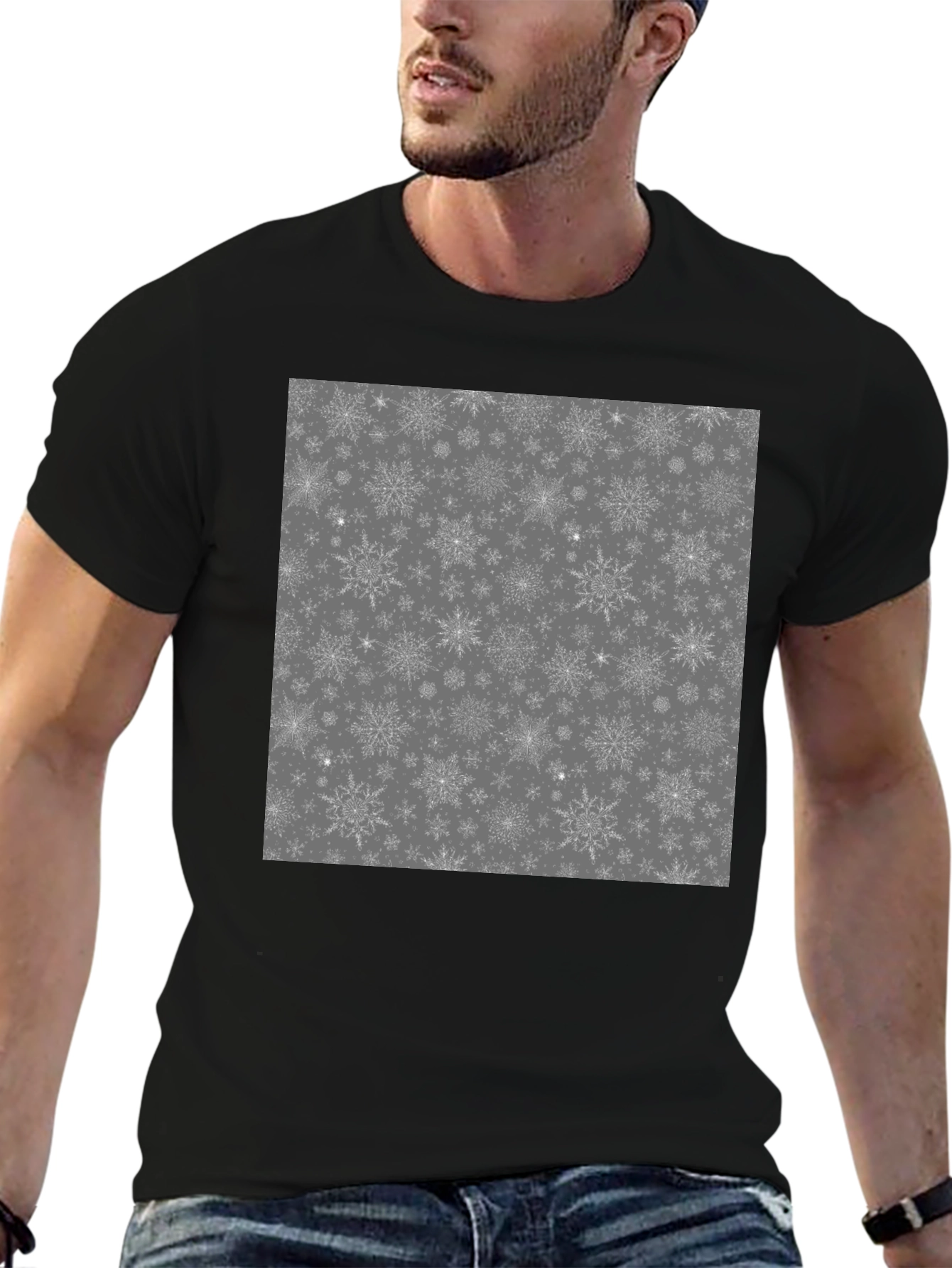 Black Snowflake Pattern Graphic T-Shirt view 6