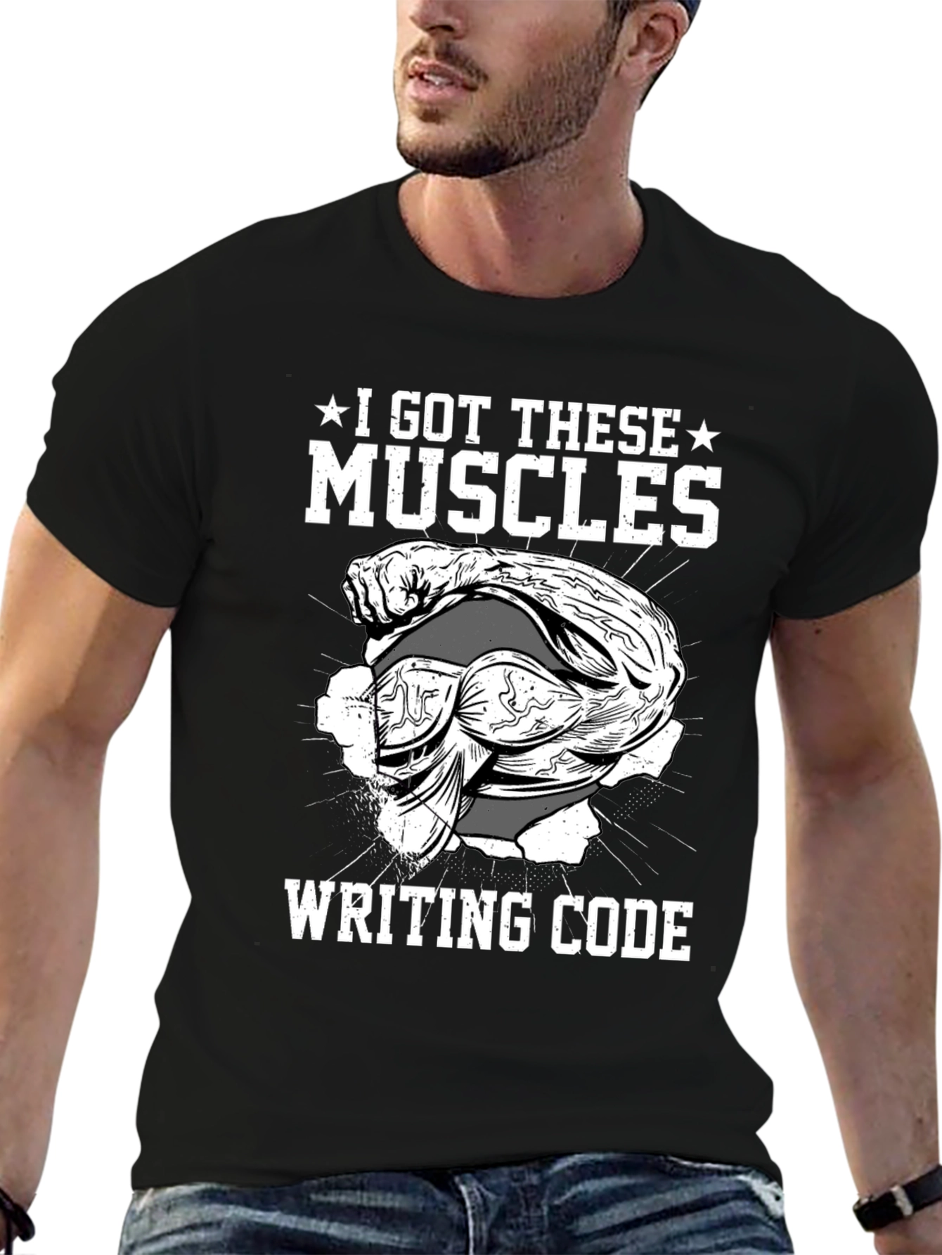 Black I Got These Muscles Writing Code - Novelty T-Shirt view 6