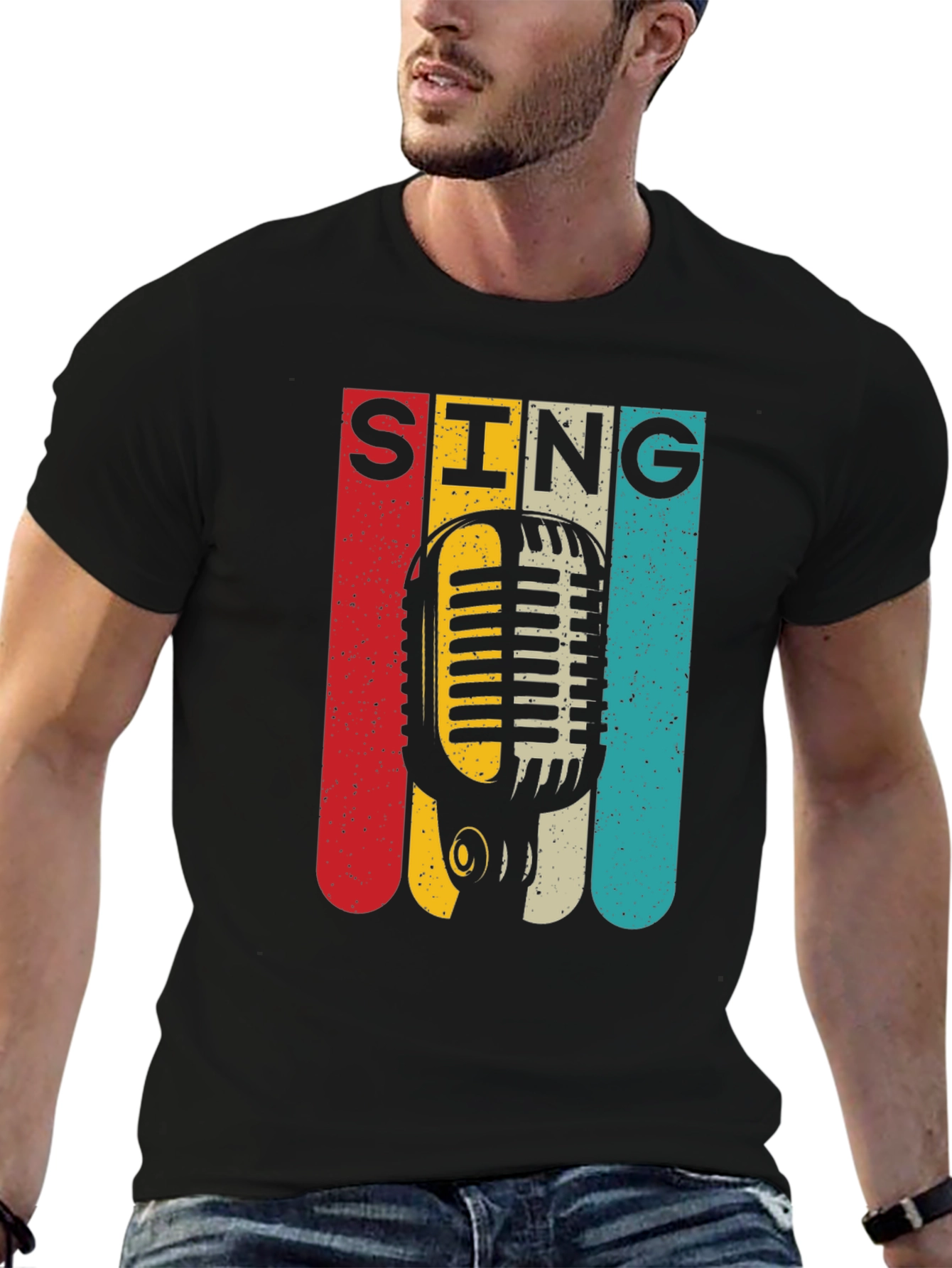 Black Retro Microphone SING Graphic Tee view 6
