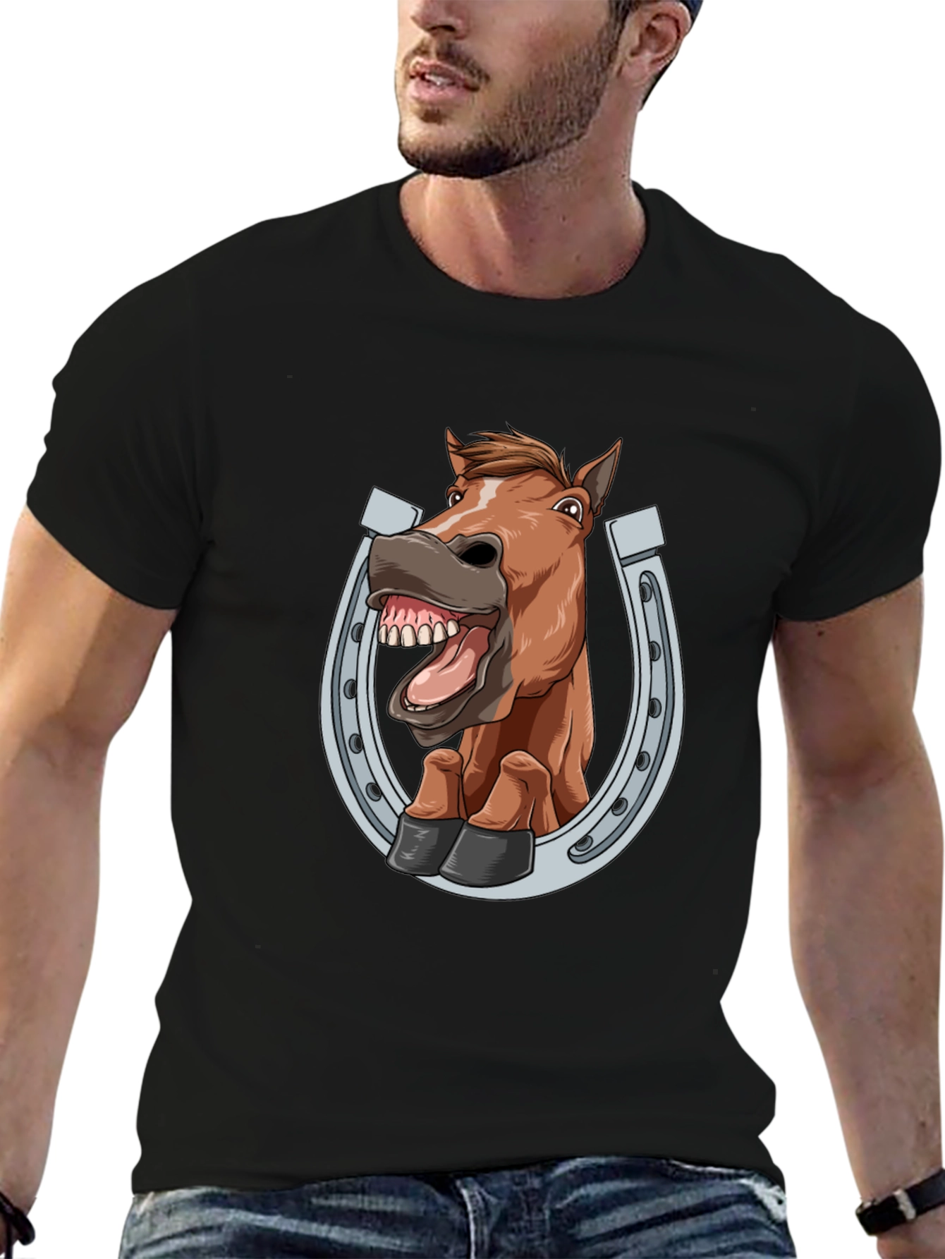 Black Funny Horse in Horseshoe Graphic Tee - Black T-Shirt view 6