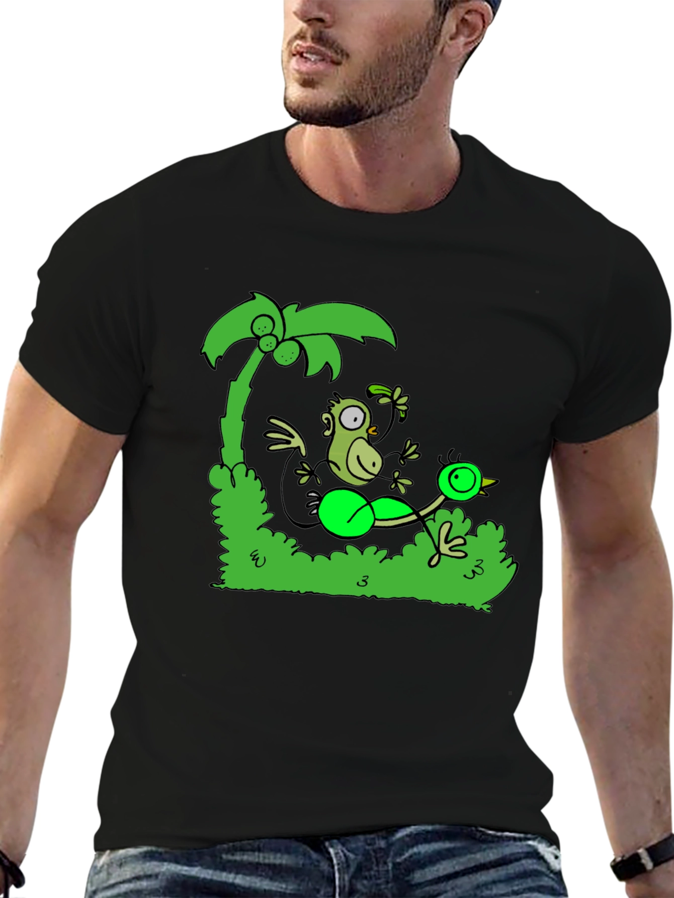 Black Funny Monkey and Bird T-Shirt view 6