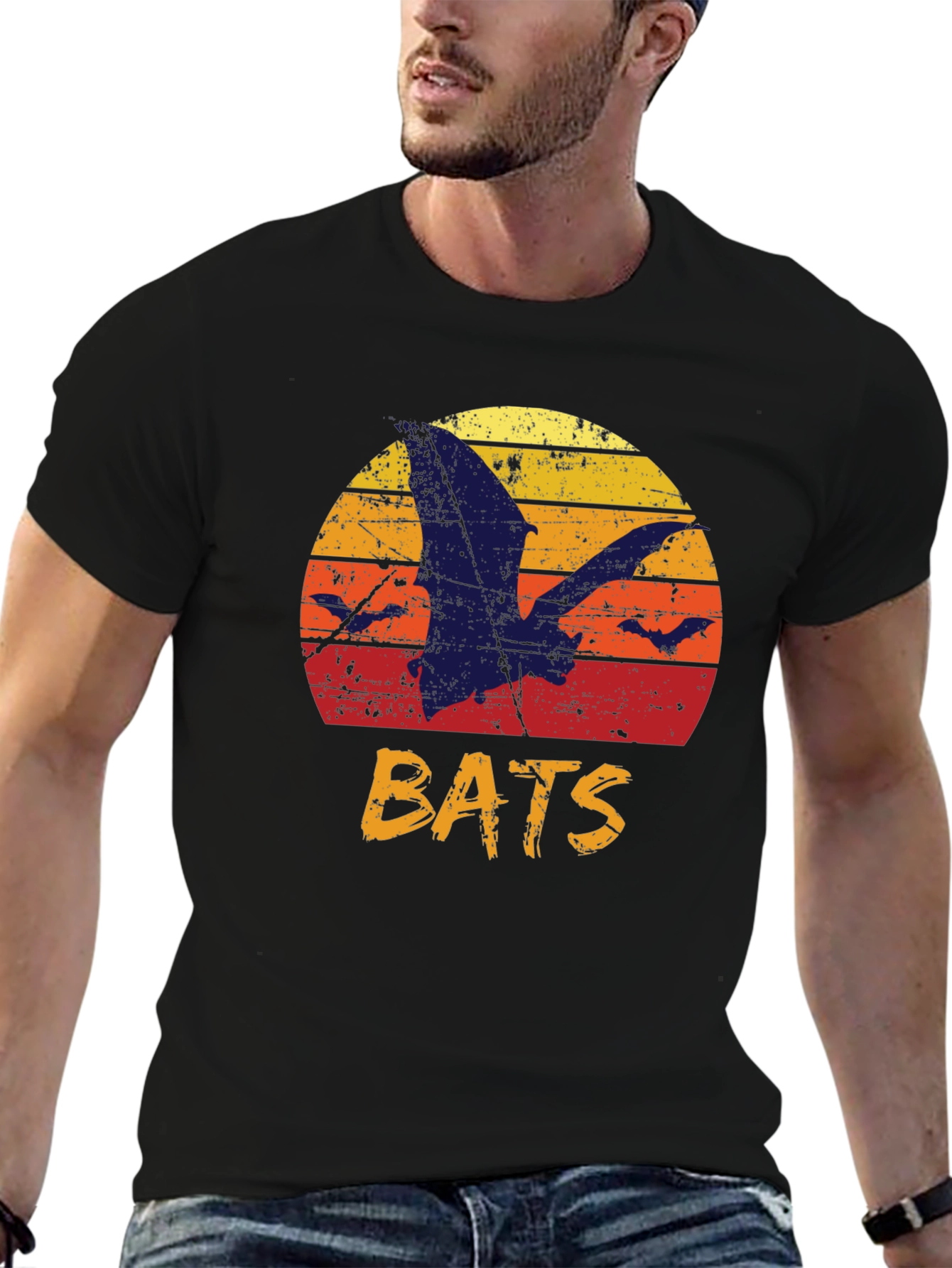Black Retro Bats Graphic Tee - Vintage Sunset T-Shirt view 6