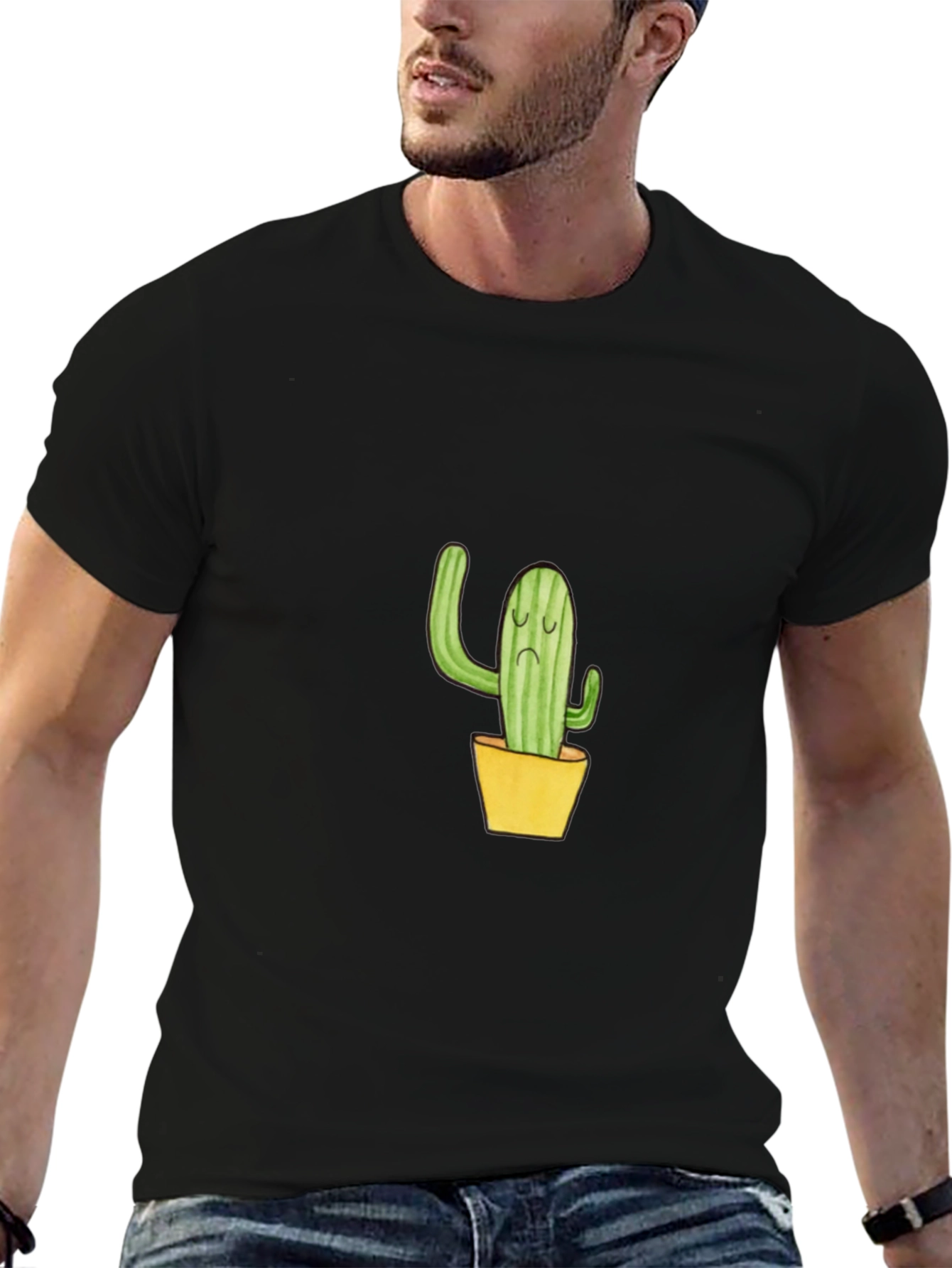 Sad Cactus Graphic Tee - Black Cotton T-Shirt - 6