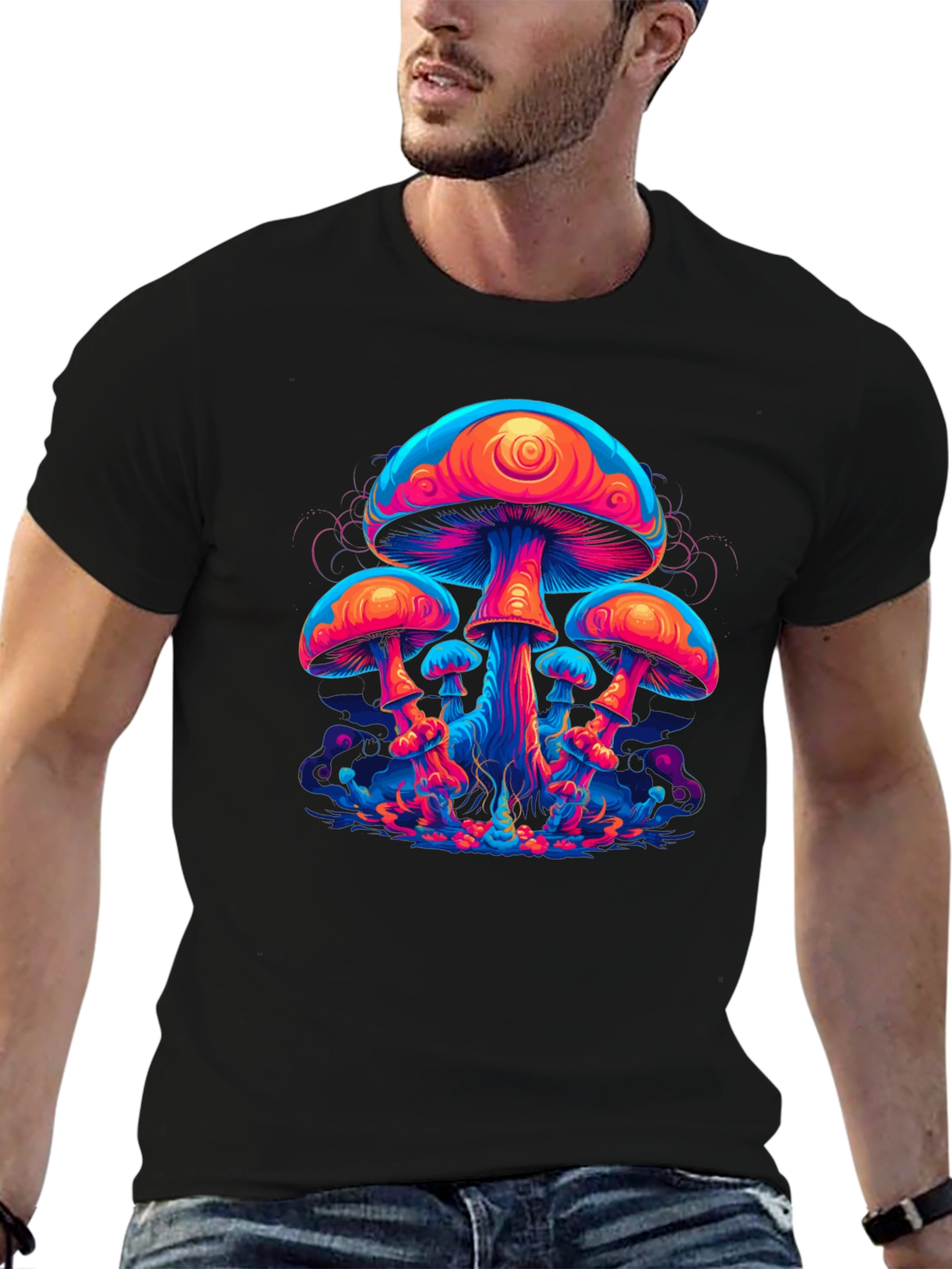 Black Neon Mushroom Graphic Tee - Psychedelic Black T-Shirt view 6
