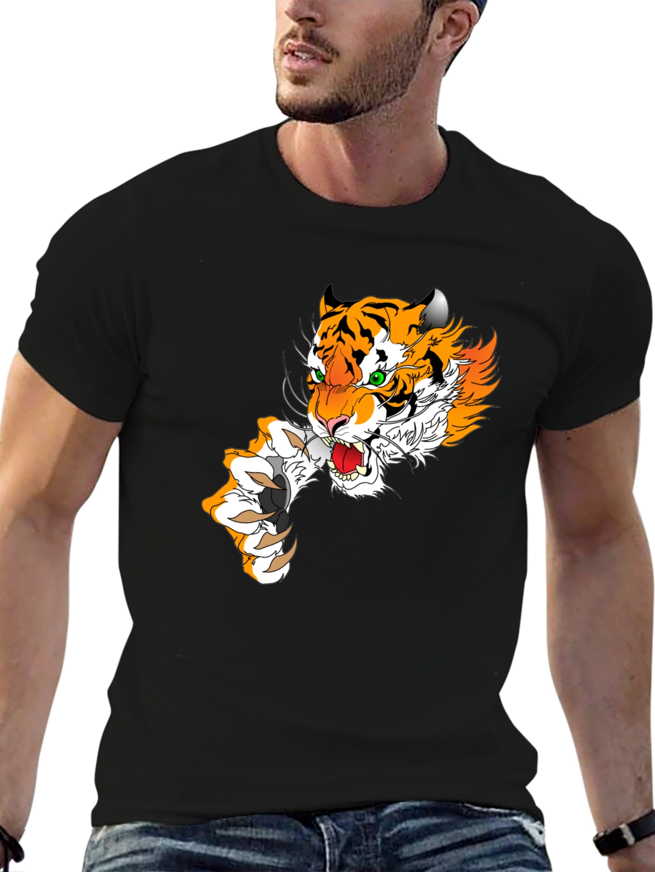 Black Tiger Graphic Print Men's T-Shirt - Black view 6