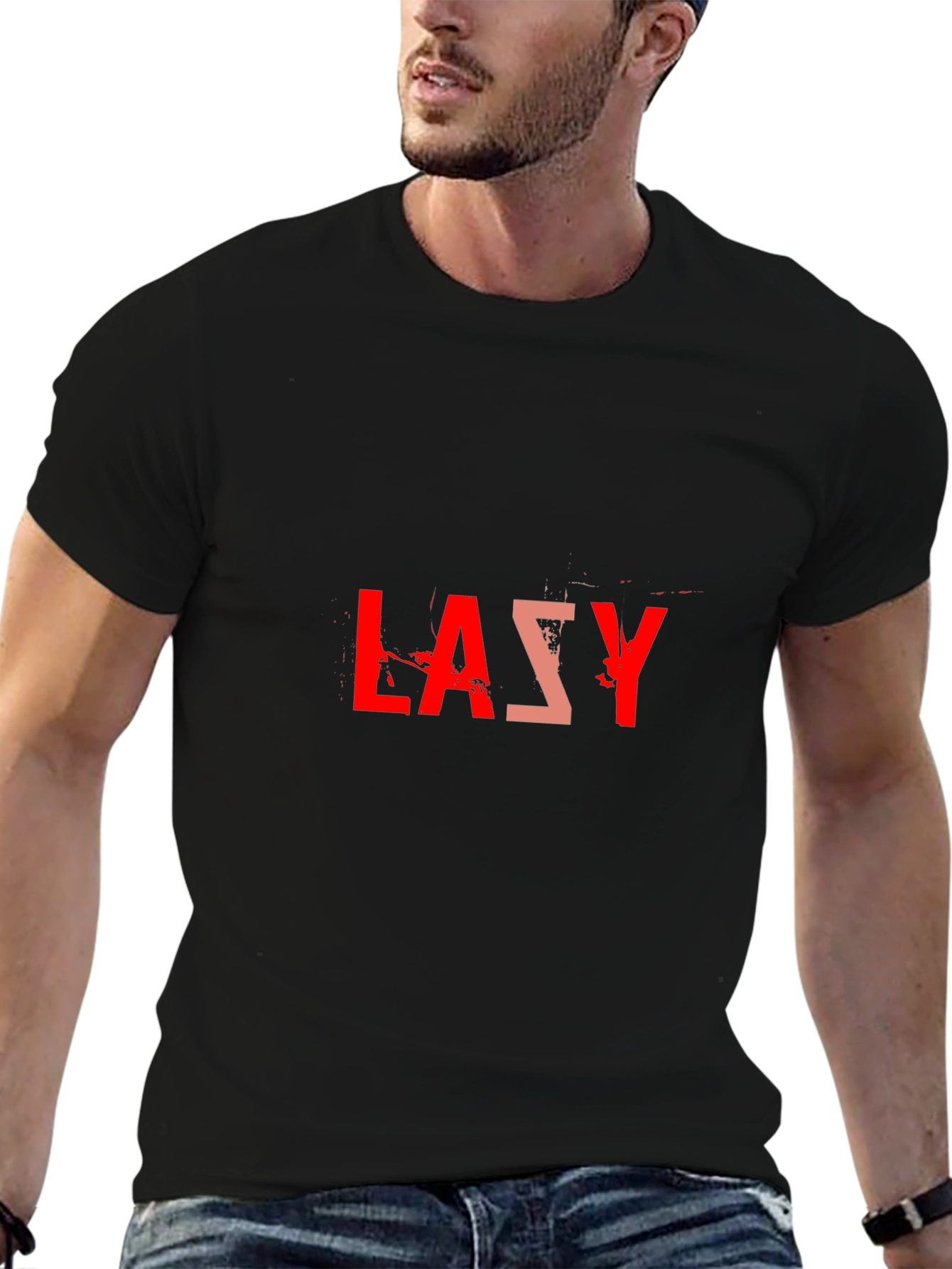 Lazy Graphic Tee - Black Cotton Blend Casual T-Shirt - 6