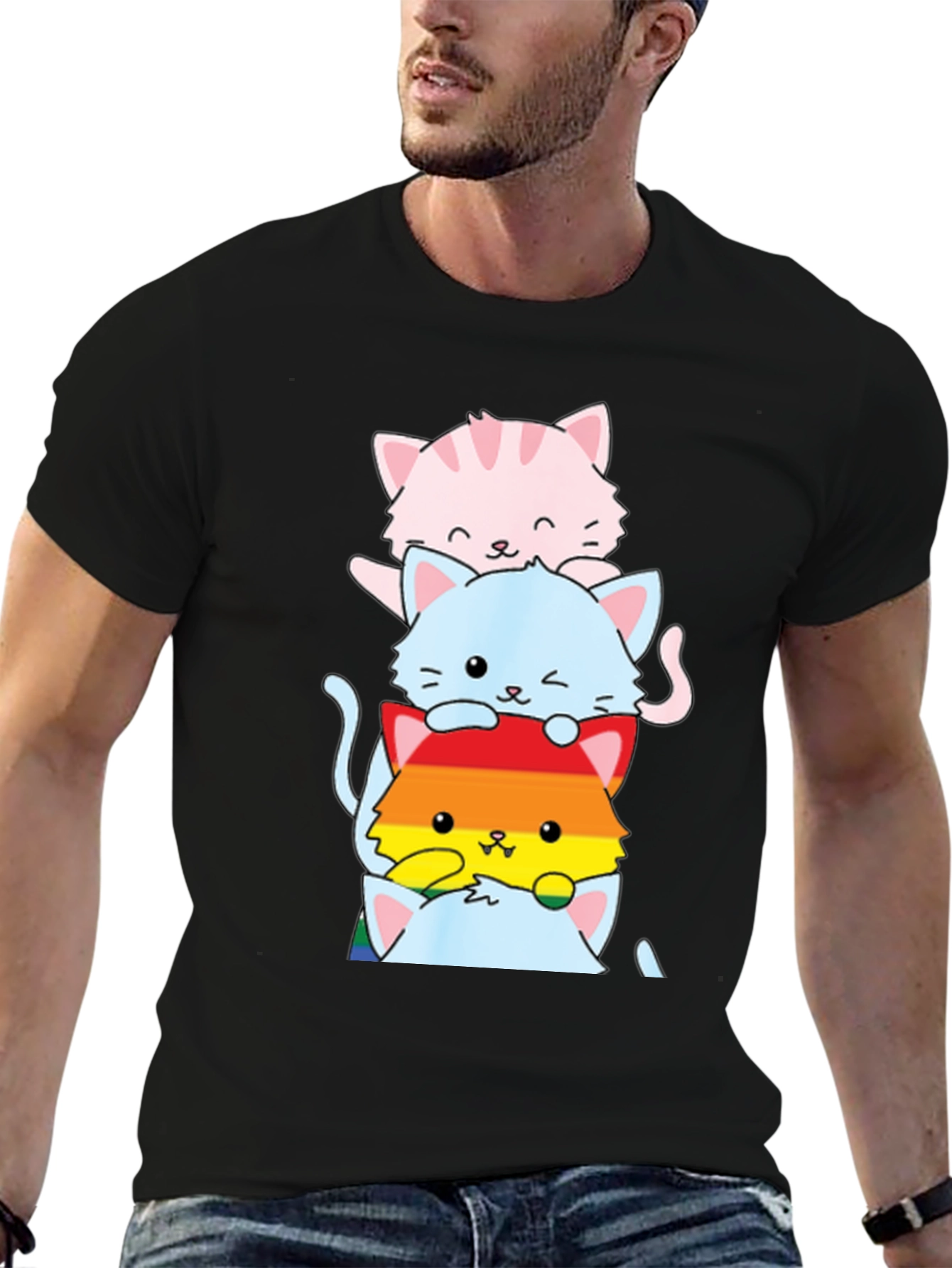 Black Stacked LGBTQ+ Cats T-Shirt view 6