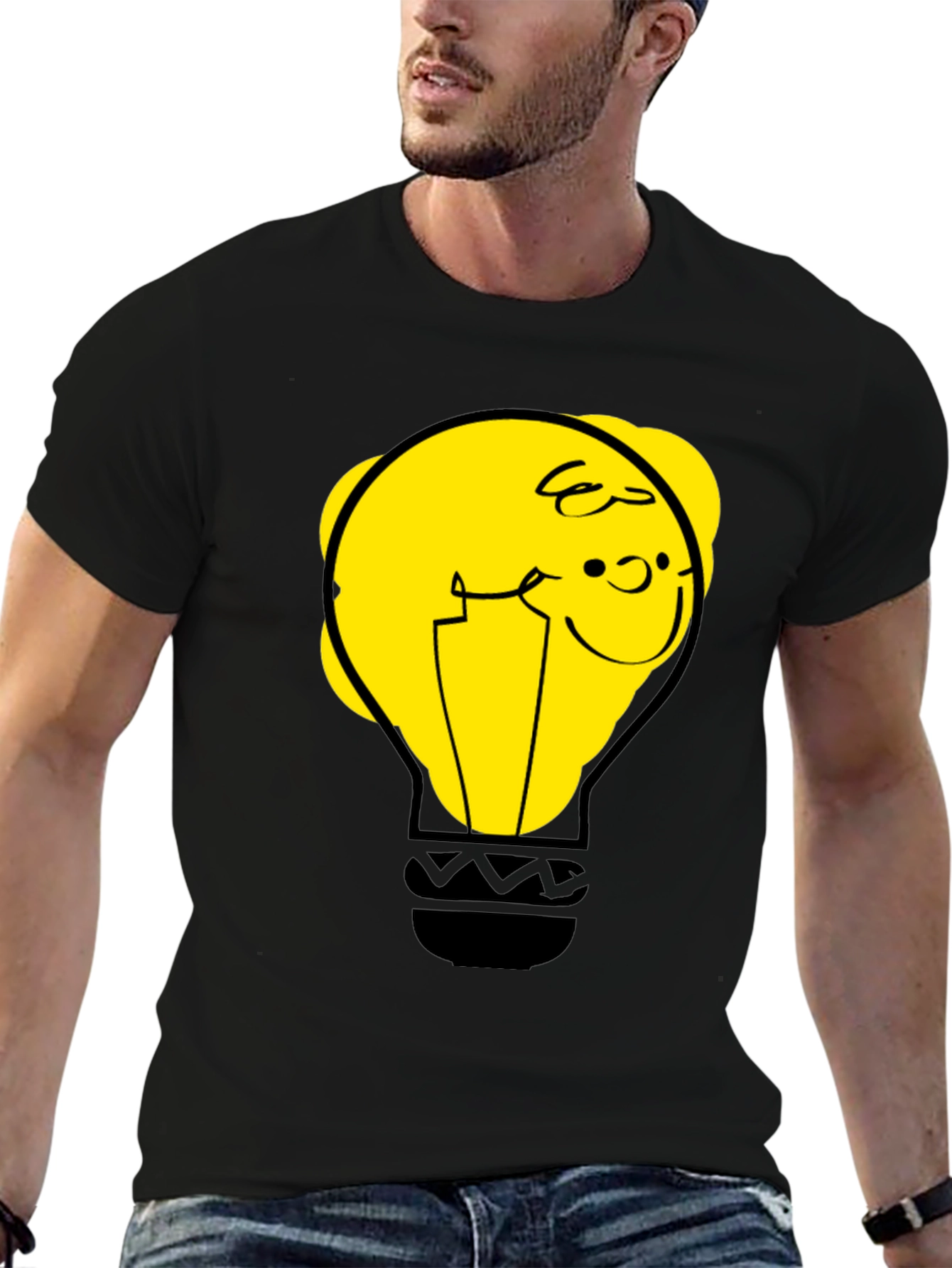 Black Funny Cartoon Light Bulb Graphic Tee view 6