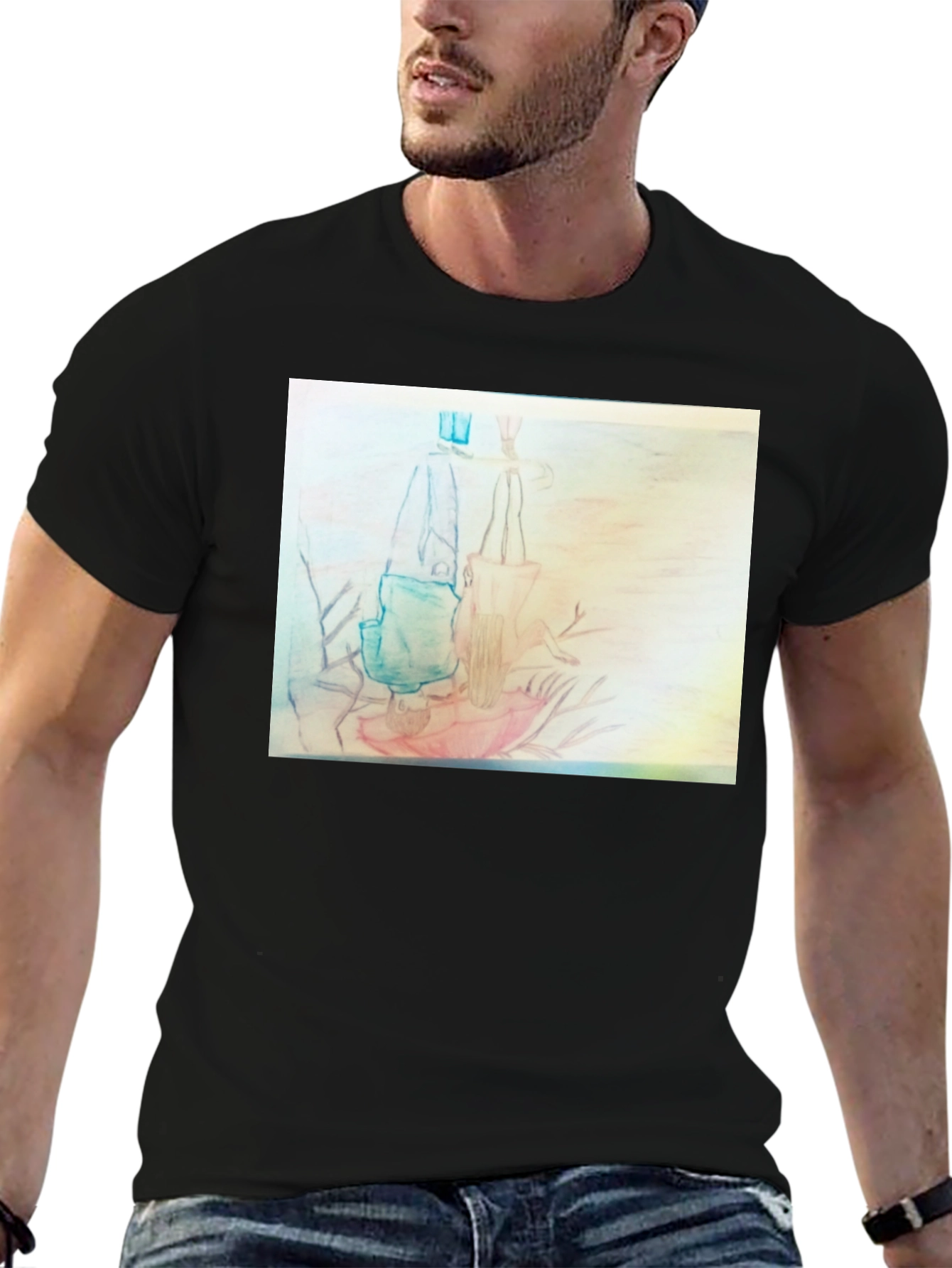 Black Unique Graphic Tee - Pencil Art Design view 6