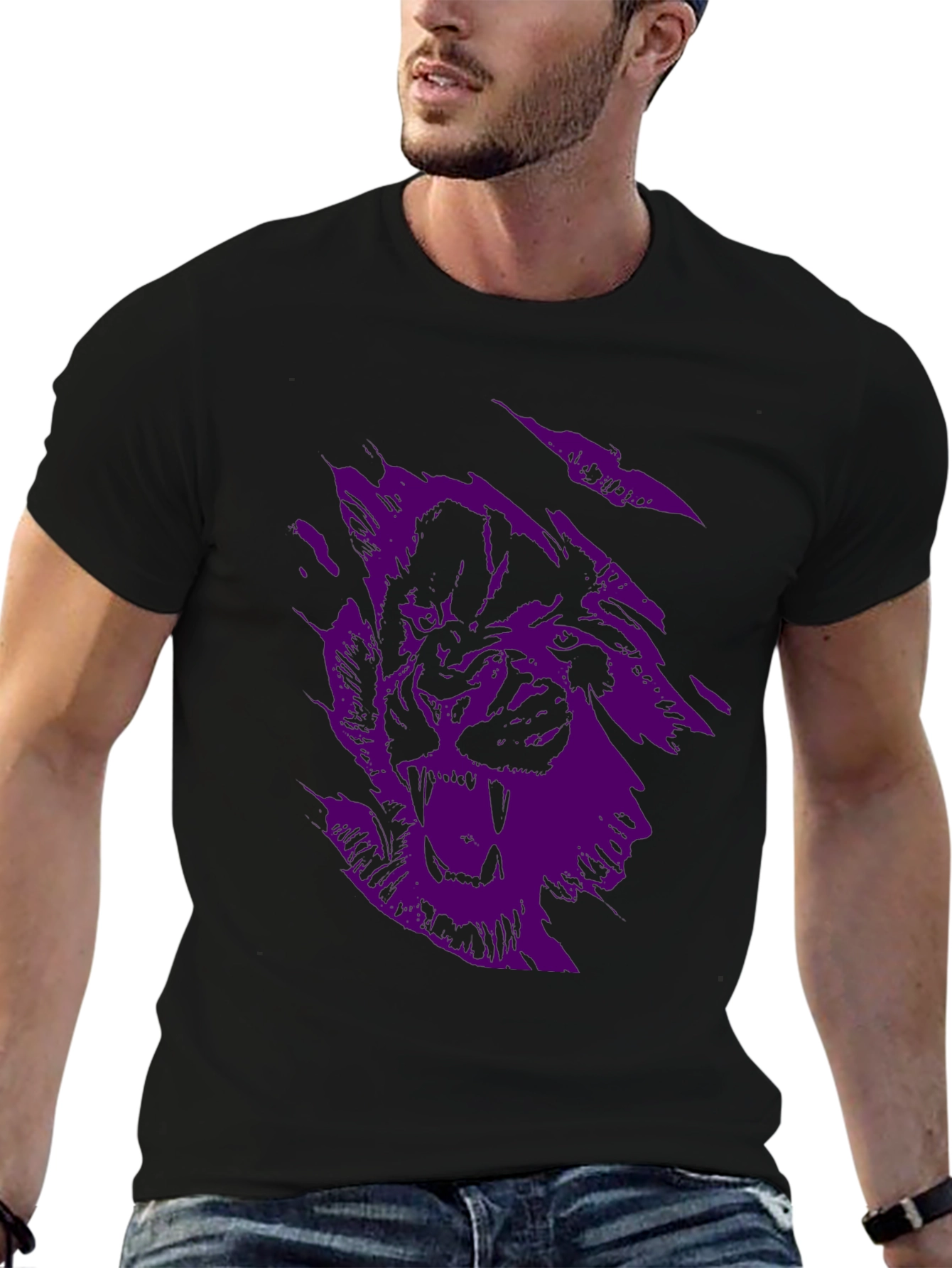 Black Men's Black Graphic Tee - Purple Wolf Design view 6