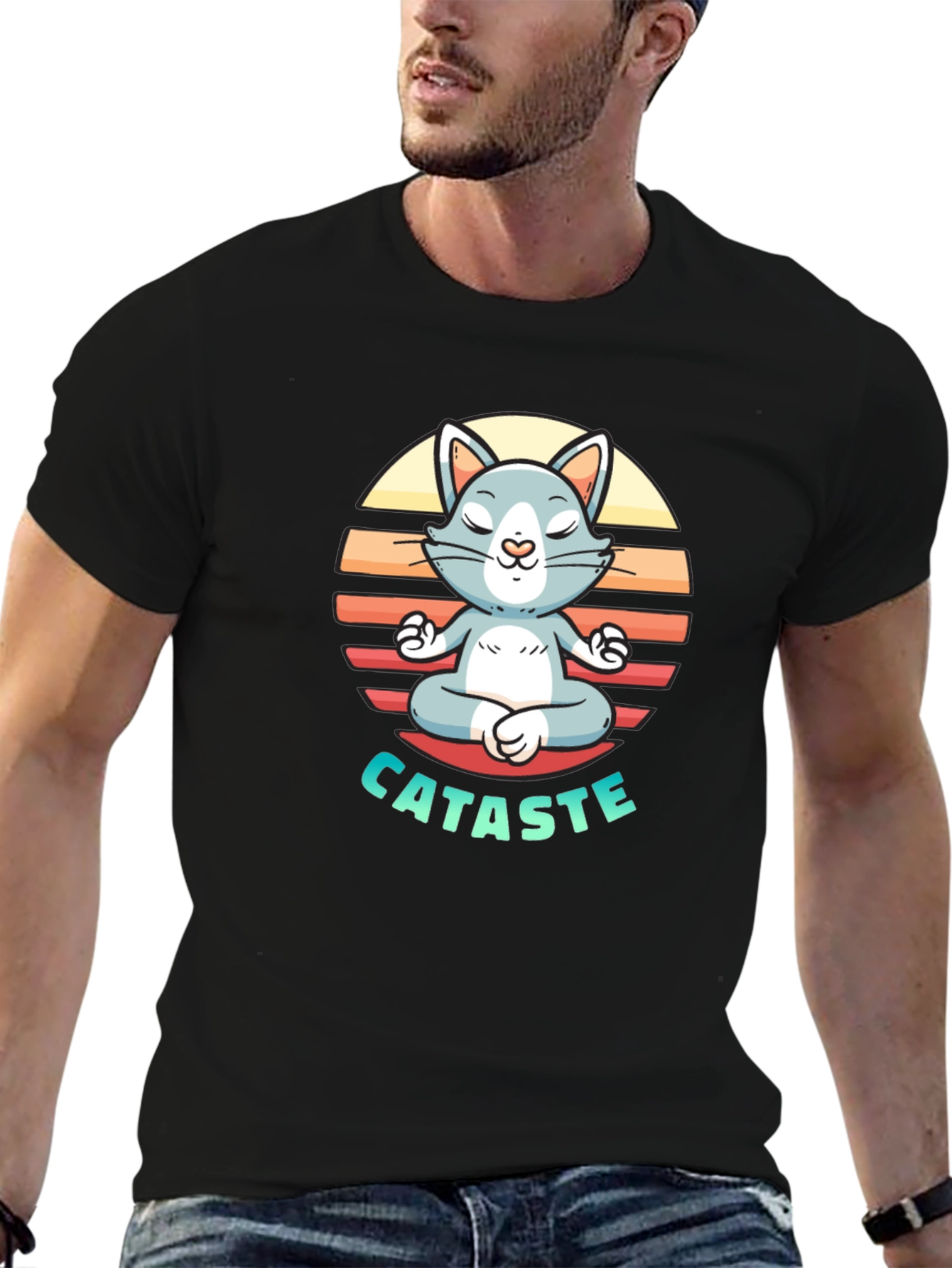 Black Cataste Yoga Cat T-Shirt - Meditating Funny Tee view 6