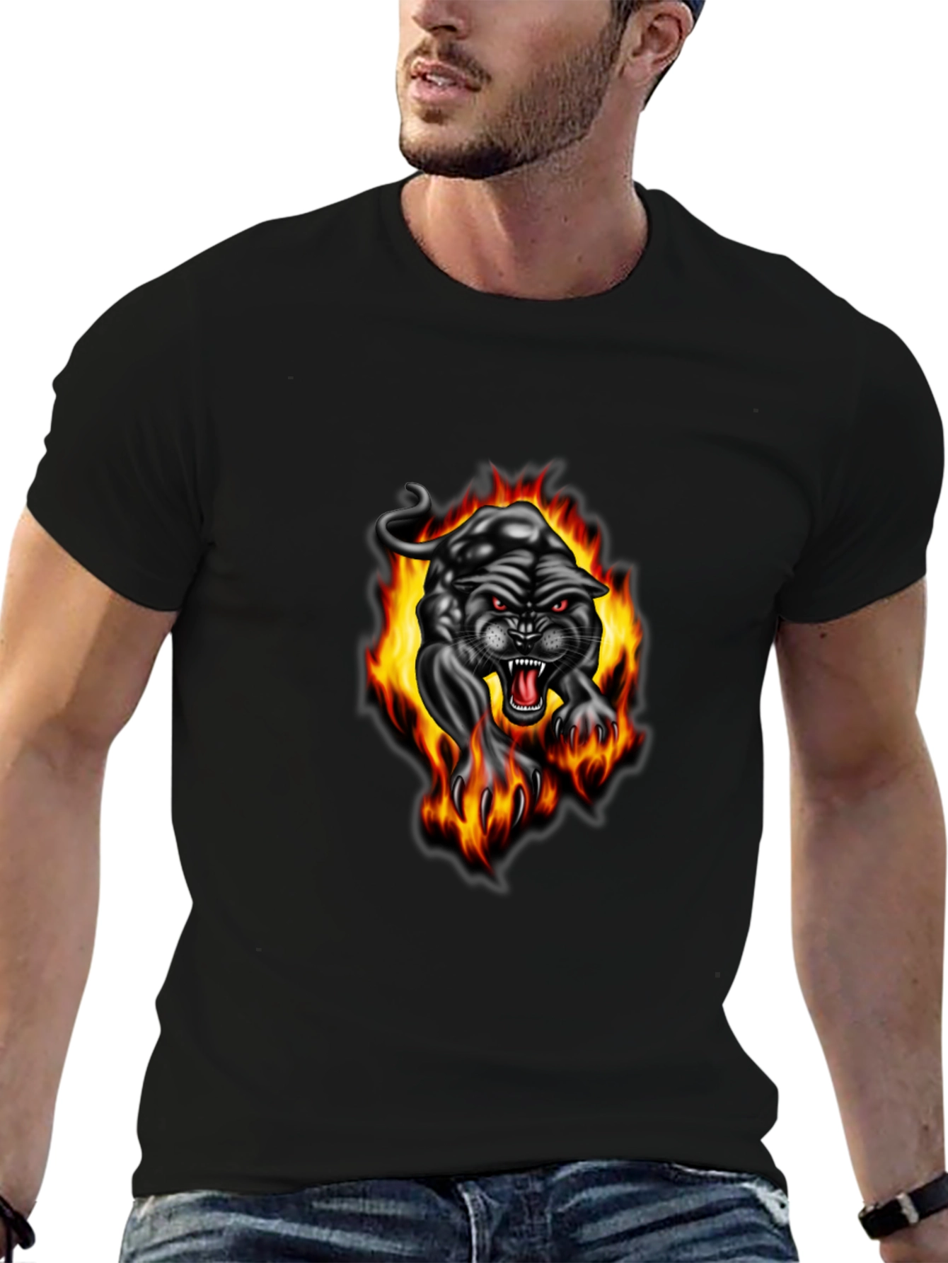 Black Fiery Panther Graphic Tee - Black Cotton T-Shirt view 6