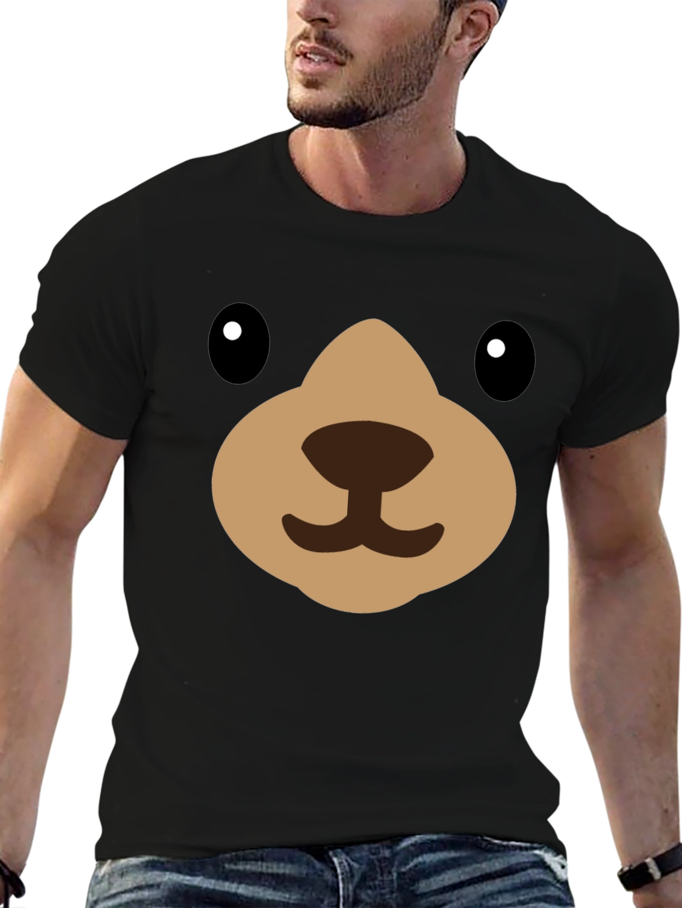 Black Cute Cartoon Bear Face Black T-Shirt view 6