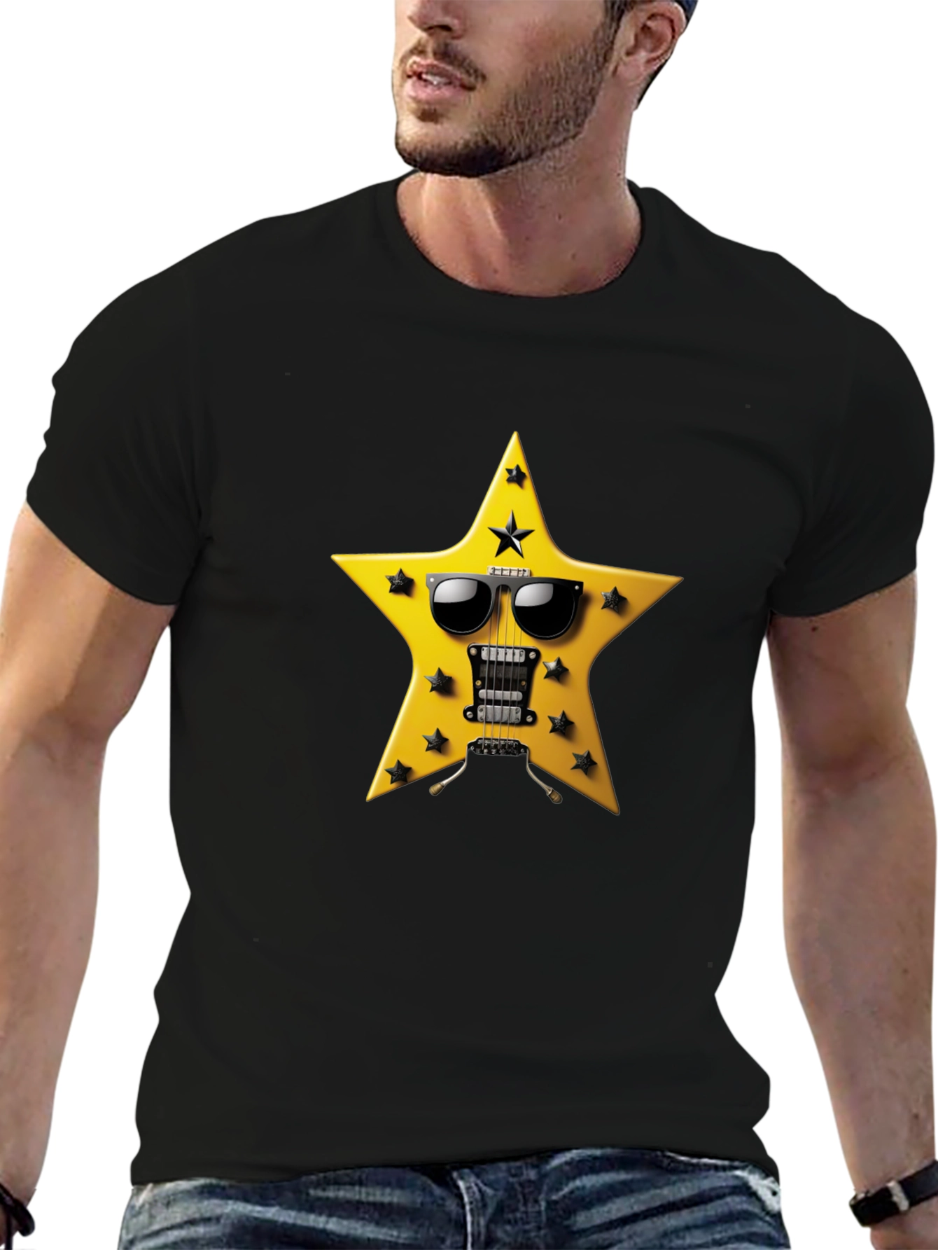 Black Rockstar Guitar Star T-Shirt - Cool Graphic Tee view 6