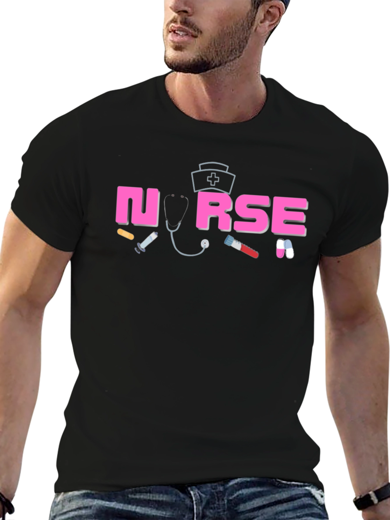 Black Nurse Graphic T-Shirt, Medical Theme Apparel view 6