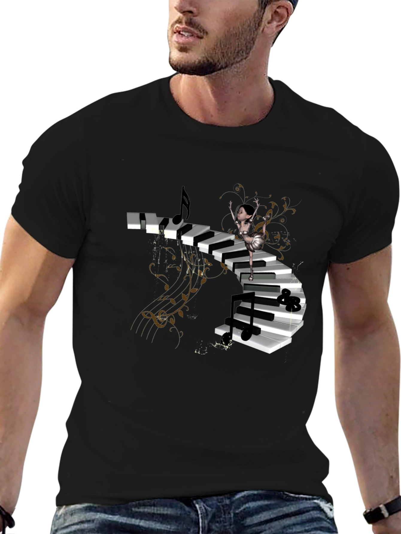 Black Piano Stairway Ballerina Black T-Shirt view 6