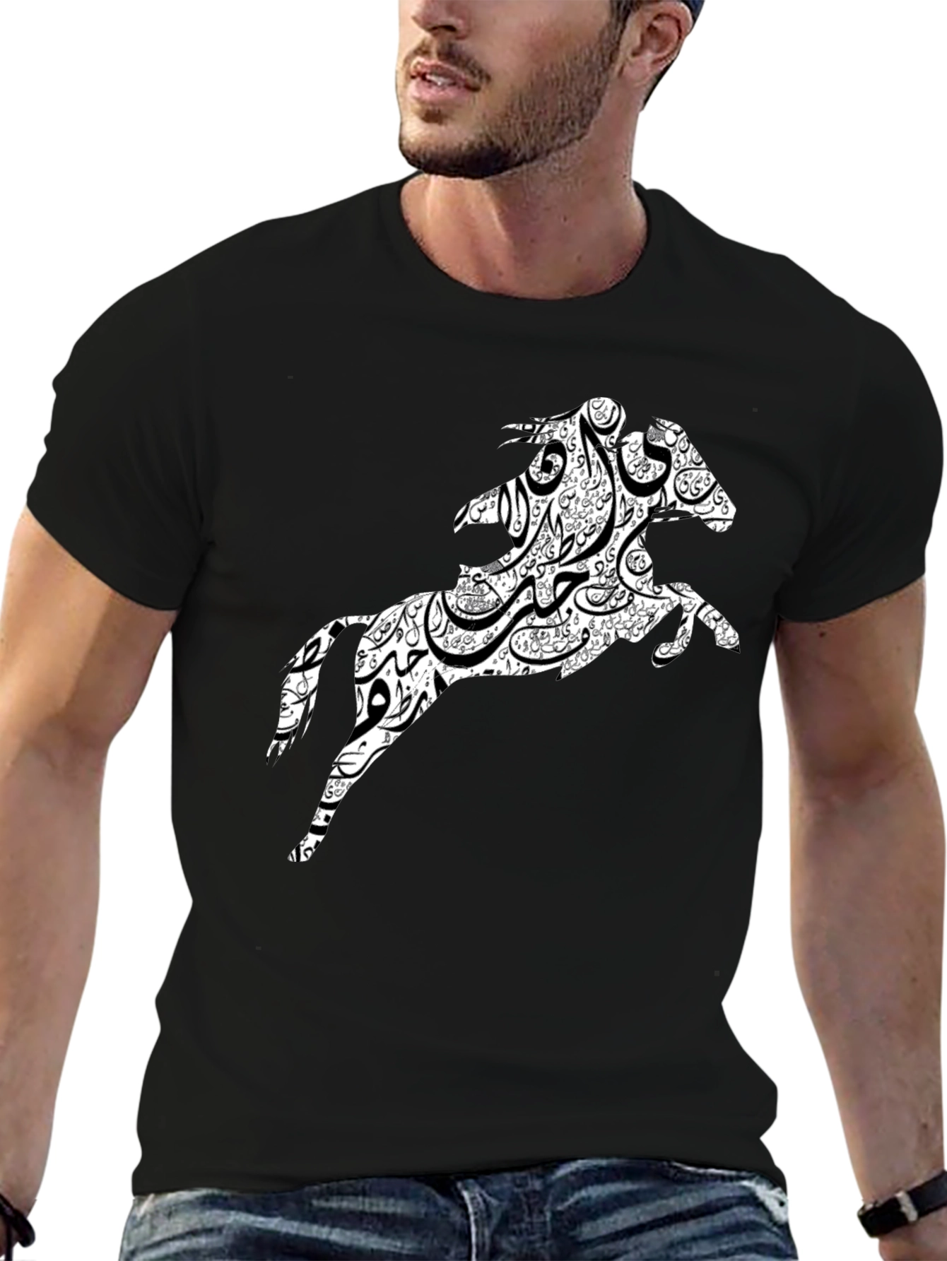 Black Arabic Horse Graphic T-Shirt - Black Cotton Tee view 6