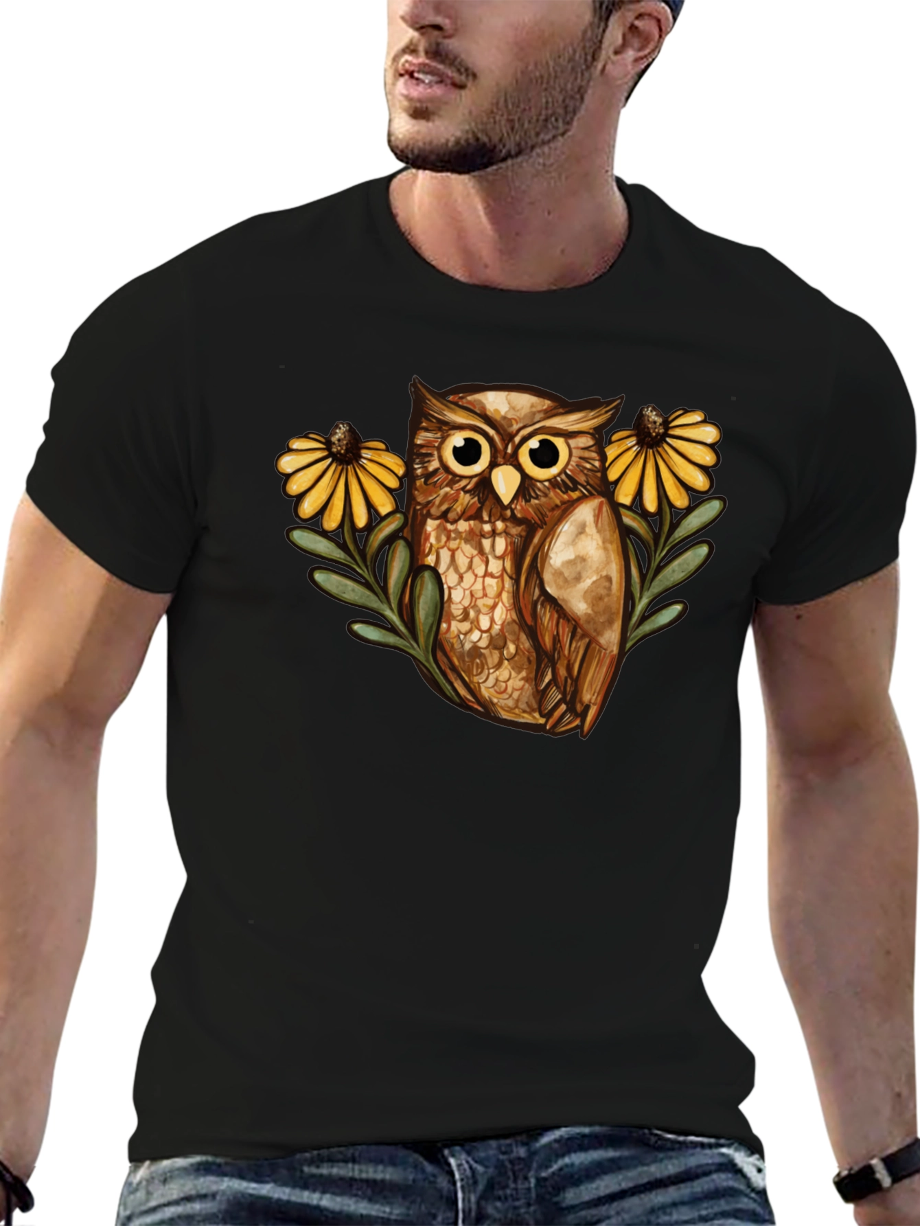 Black Owl and Sunflower Graphic Tee - Black view 6