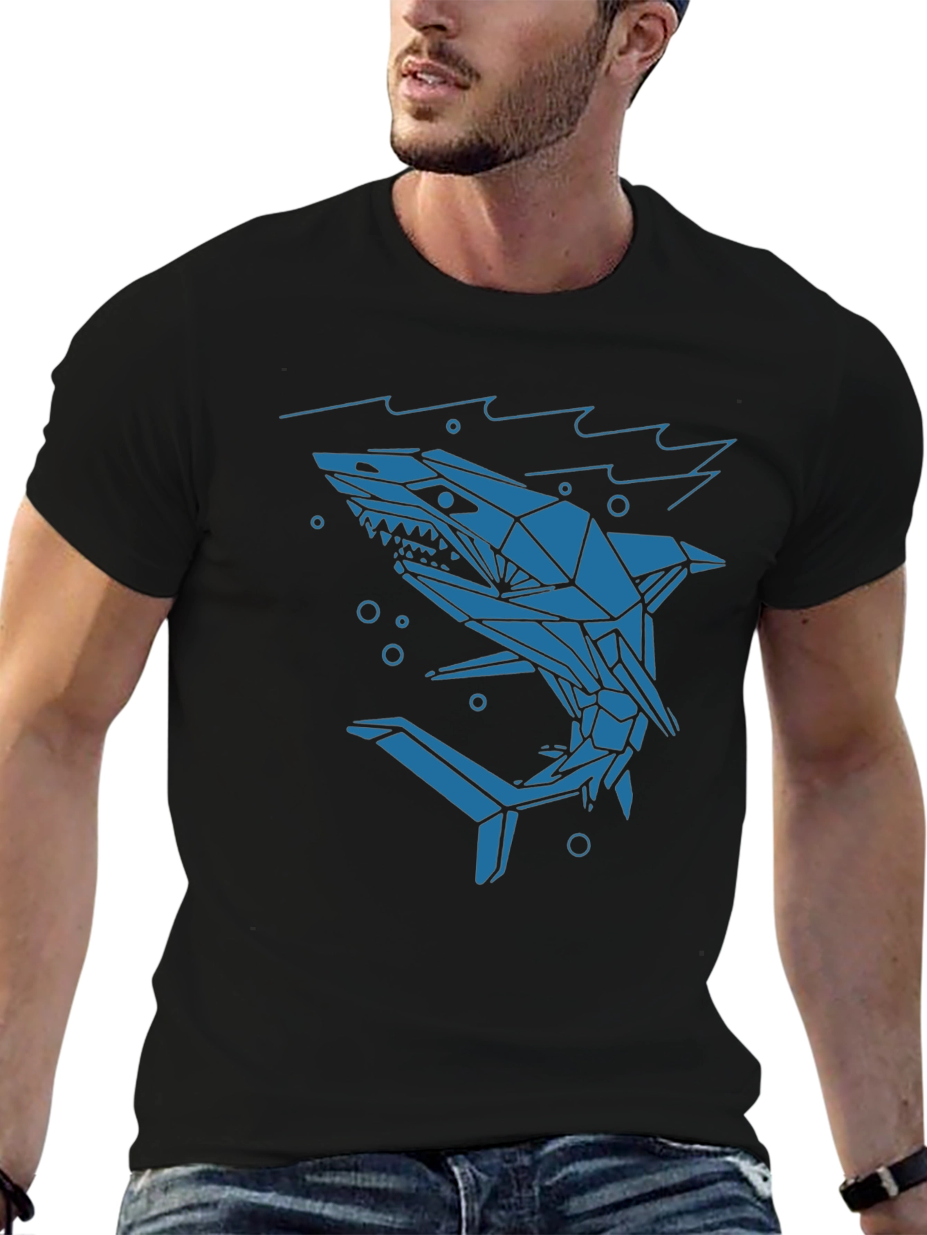 Black Geometric Shark Graphic Tee - Cool Modern Design view 6