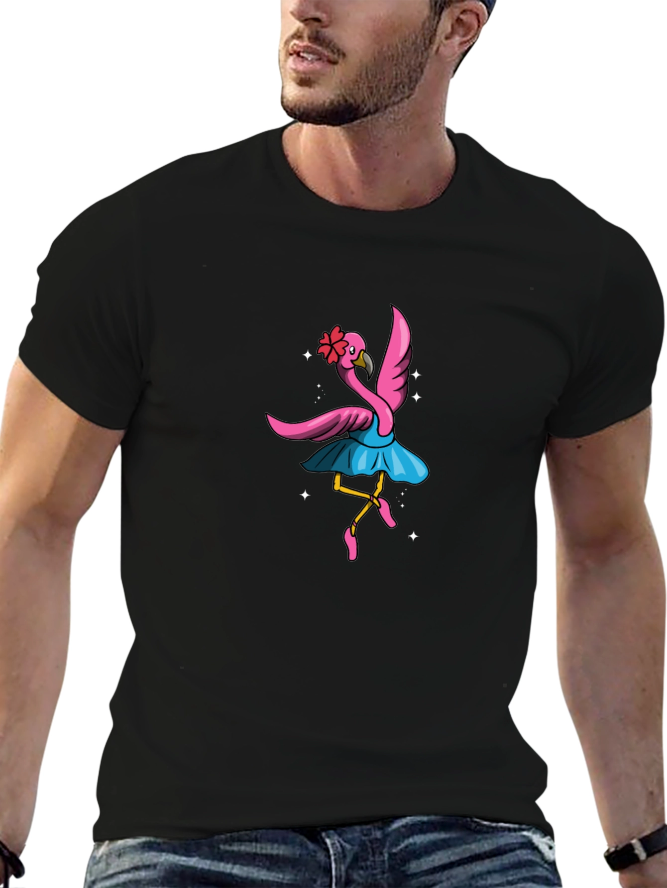 Black Dancing Flamingo Graphic Tee - Black Cotton Shirt view 6