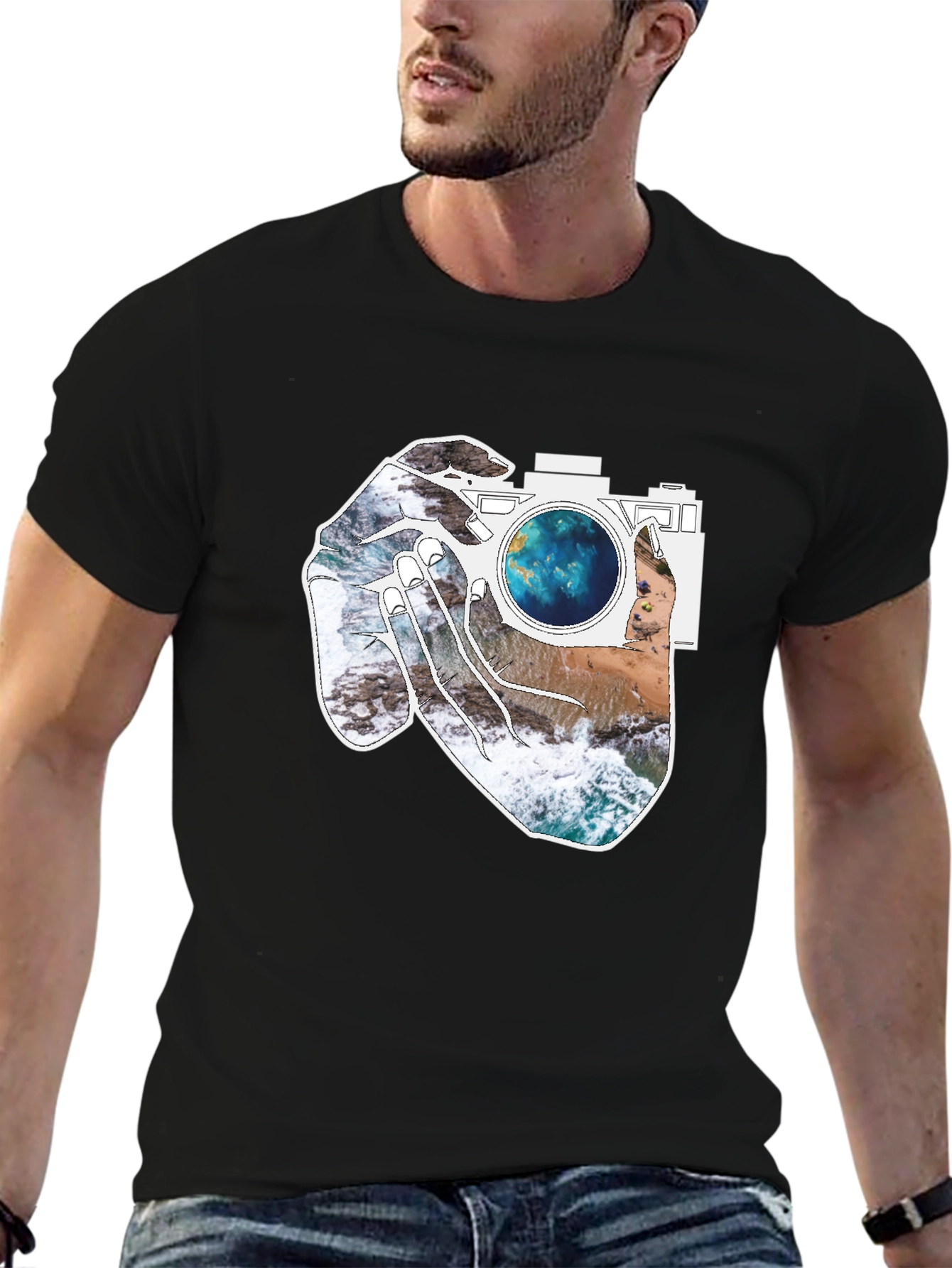 Black Camera Beach Scene Graphic Tee - Black view 6