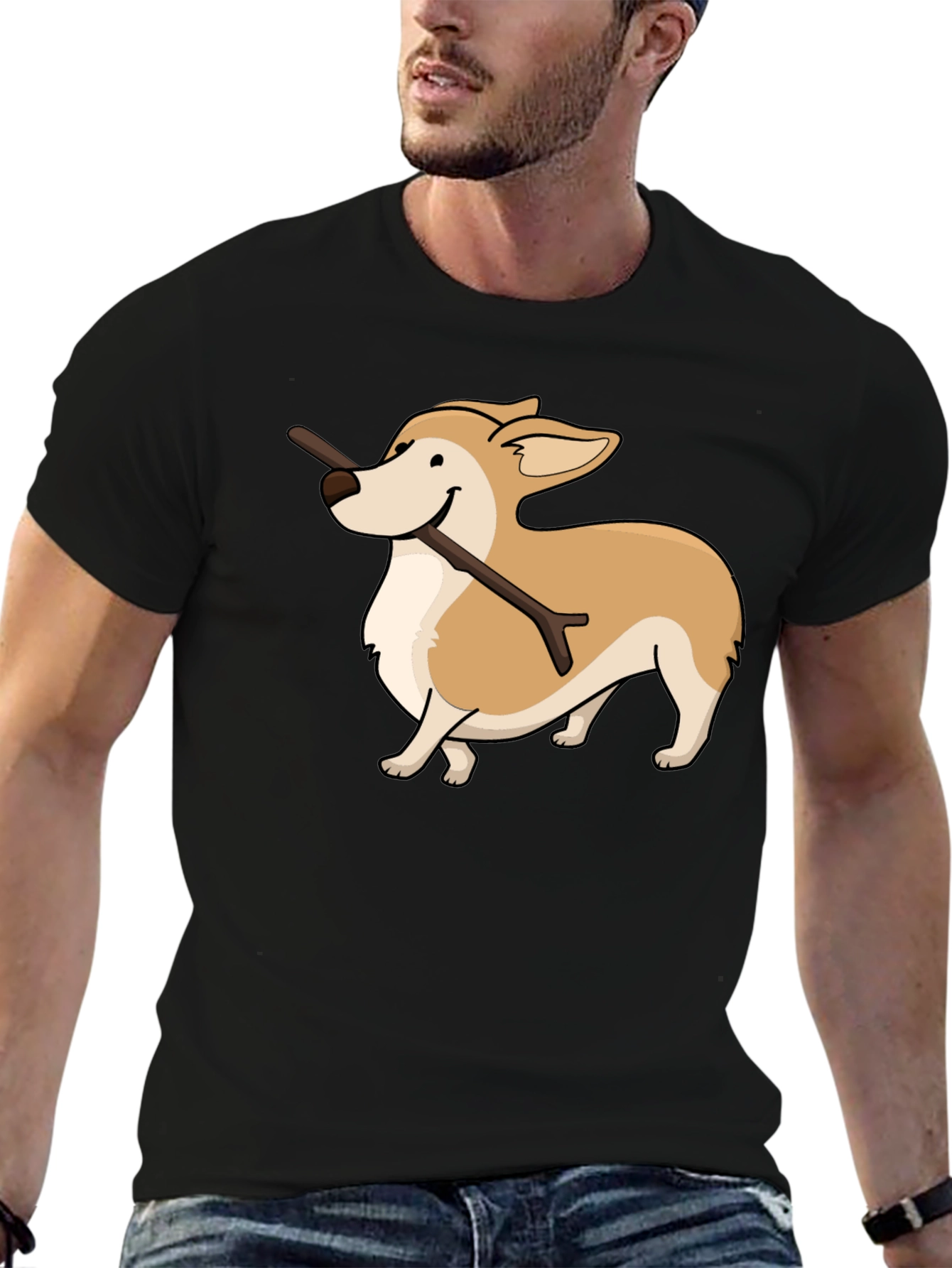 Black Corgi With Stick Graphic T-Shirt view 6