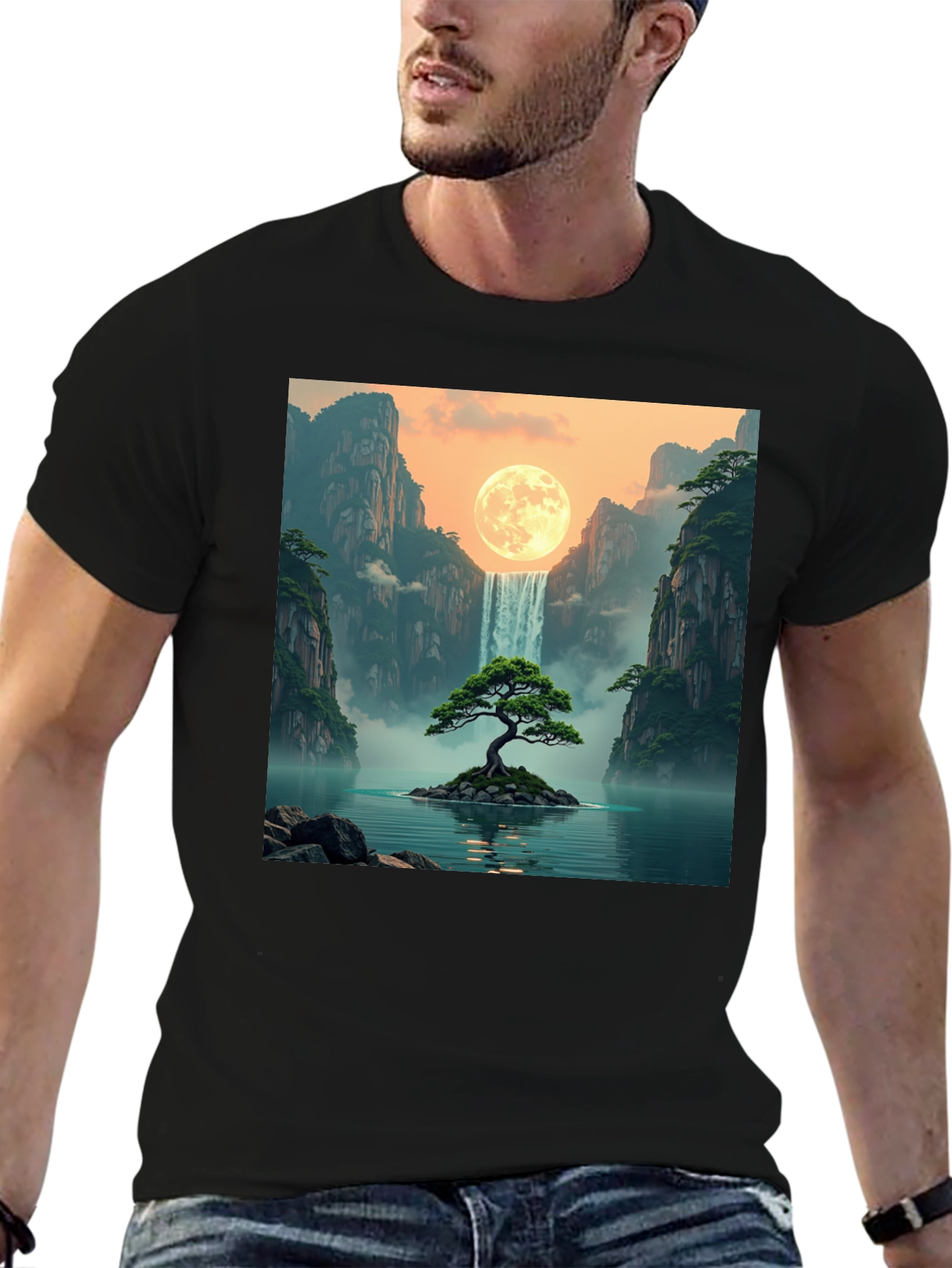 Black Waterfall Moon Bonsai Tree Graphic T-Shirt view 6
