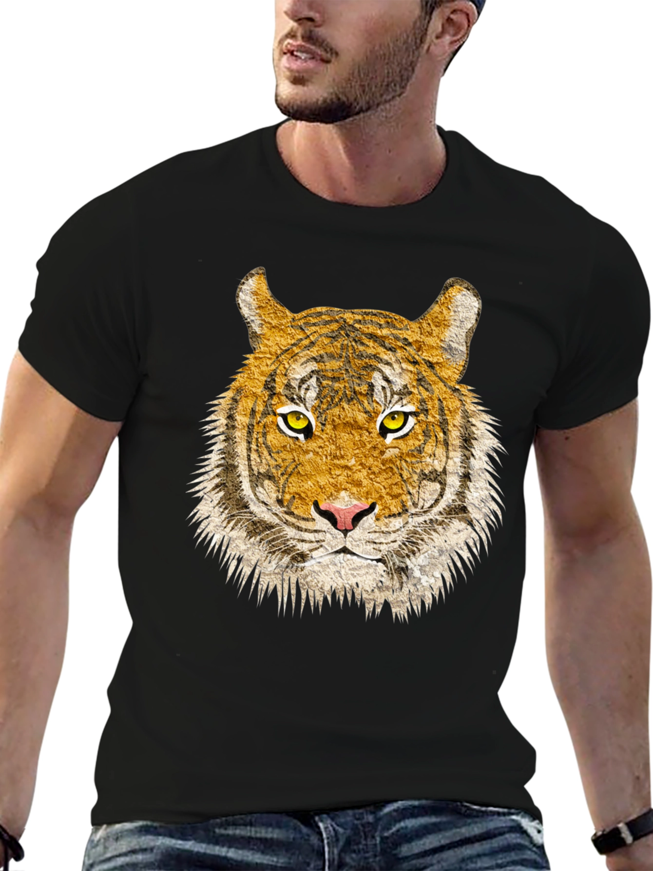 Black Tiger Face Graphic Print Black T-Shirt view 6