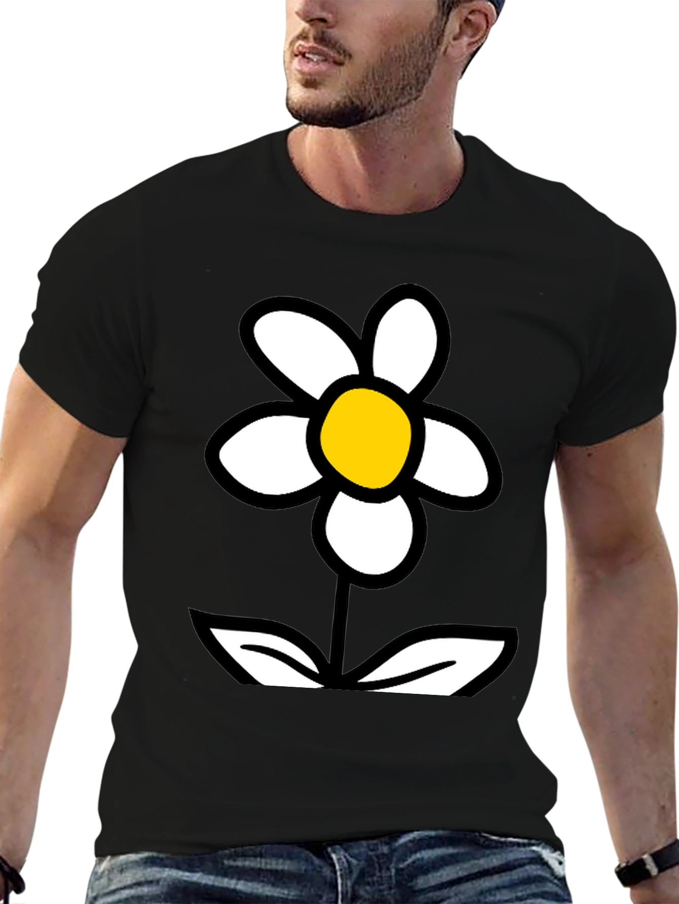 Black Daisy Flower Graphic Tee - Black Cotton T-Shirt view 6
