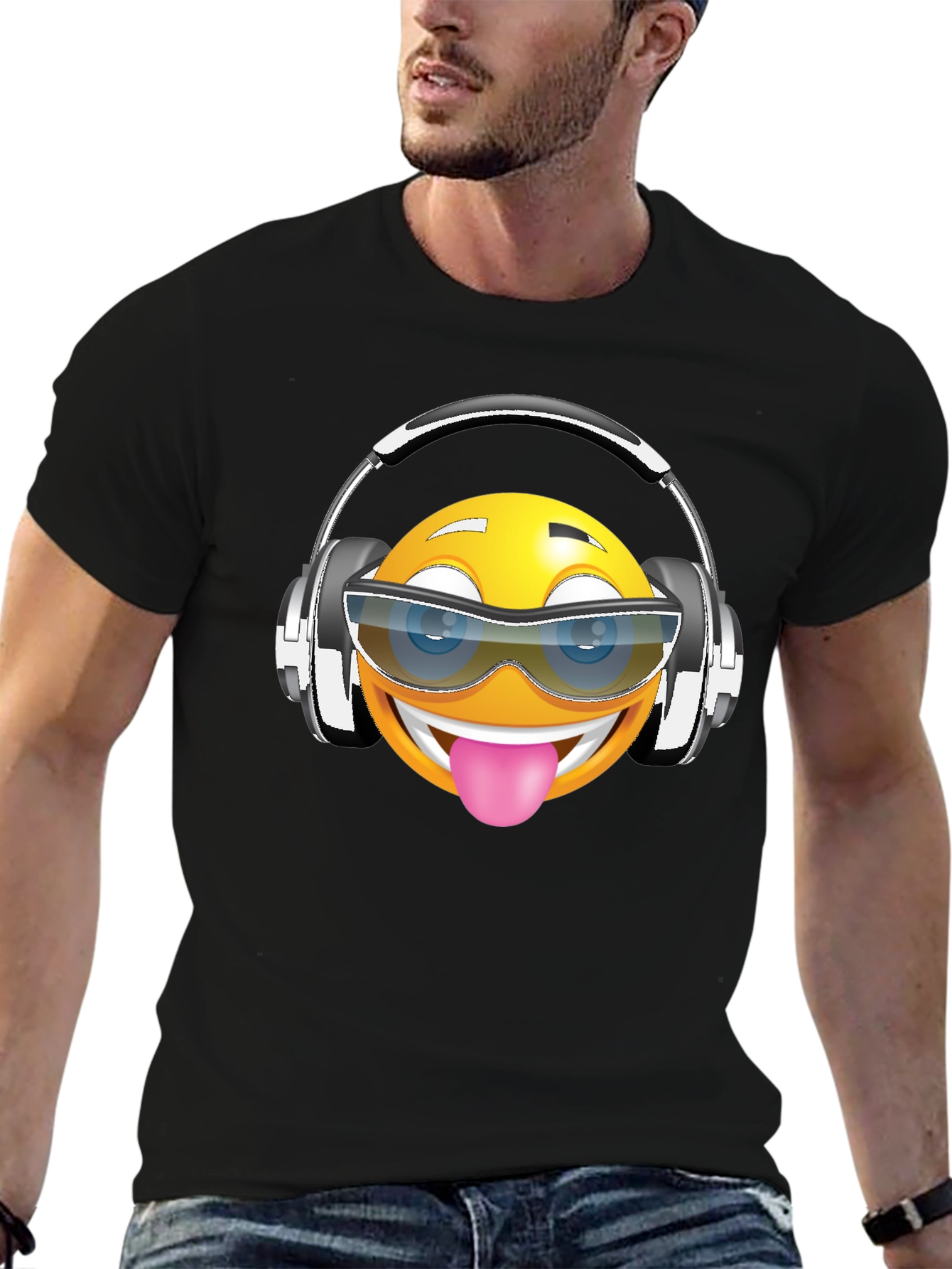 Black Funny Emoji Graphic Print T-Shirt view 6