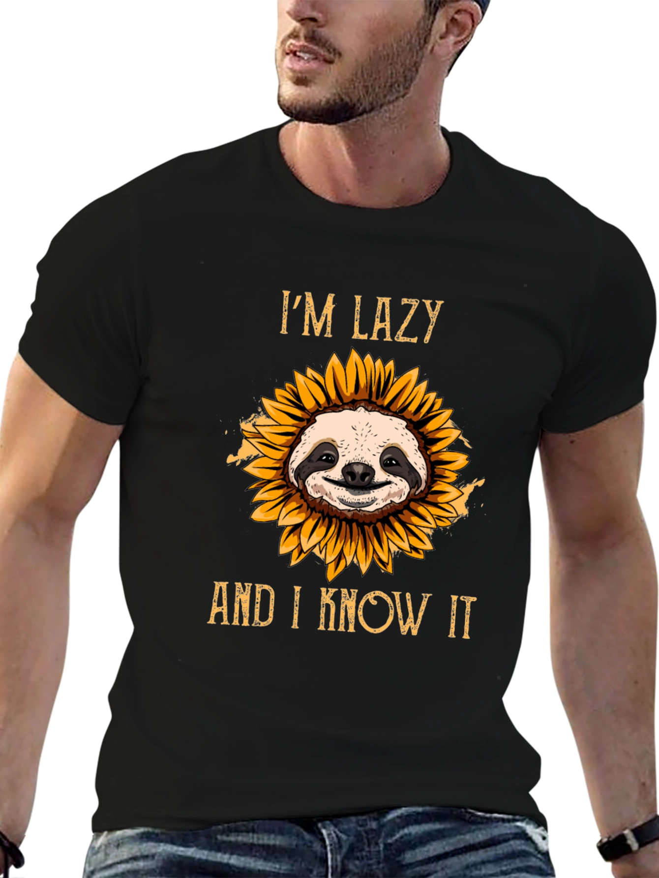 Black Lazy Sloth Sunflower T-Shirt view 6
