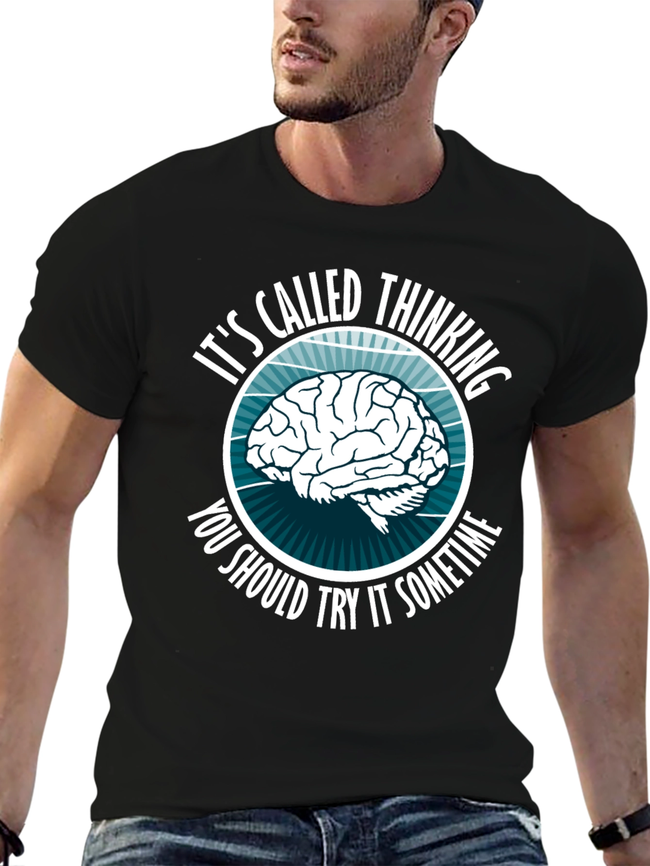 Black Thinking Brain Graphic T-Shirt - Novelty Slogan Tee view 6
