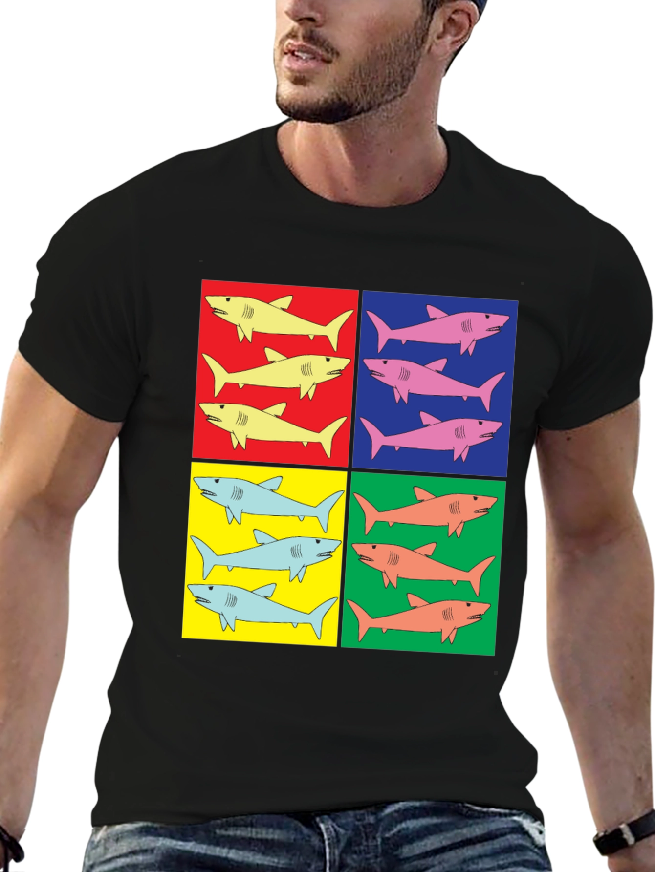 Black Shark Pop Art T-Shirt - Colorful Graphic Tee view 6