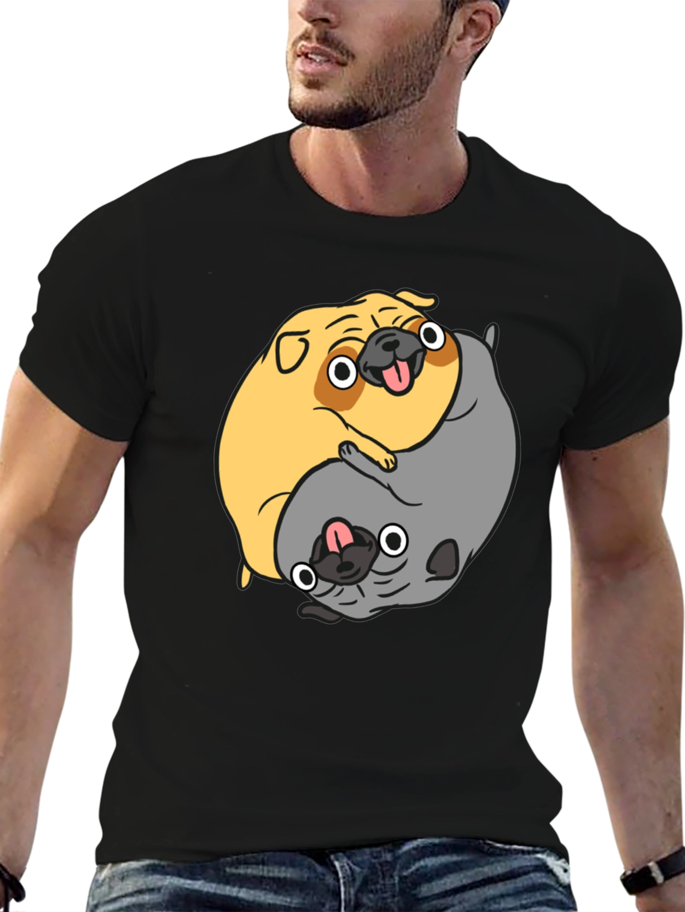 Black Yin Yang Pugs Graphic T-Shirt view 6