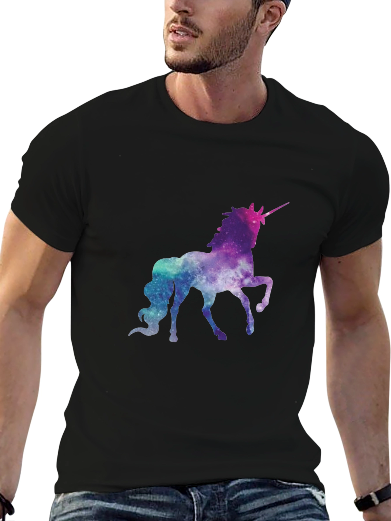 Black Galaxy Unicorn Graphic Tee - Black Cotton Shirt view 6