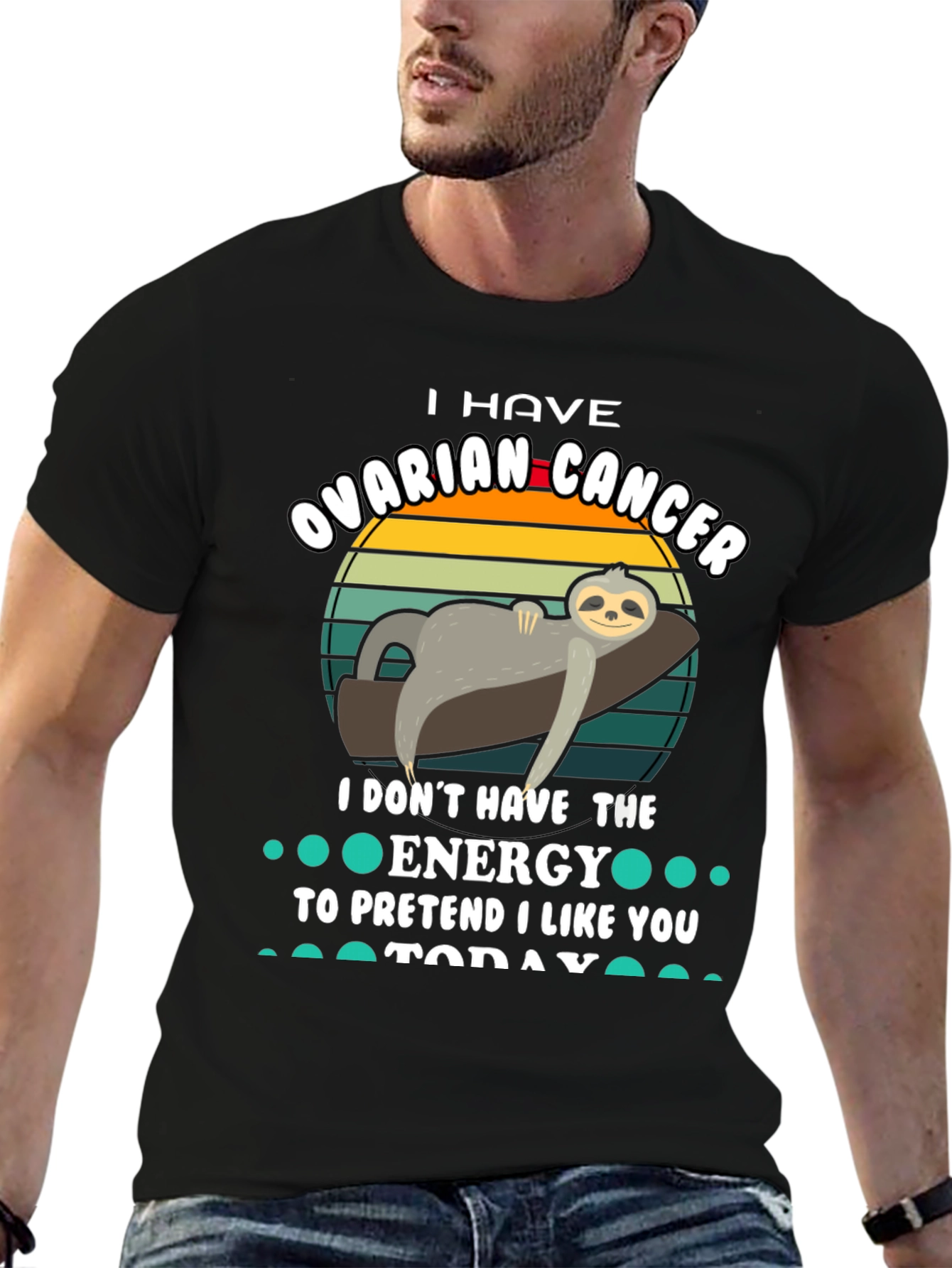 Black Ovarian Cancer Sloth T-Shirt - I Don't Have The Energy Tee view 6