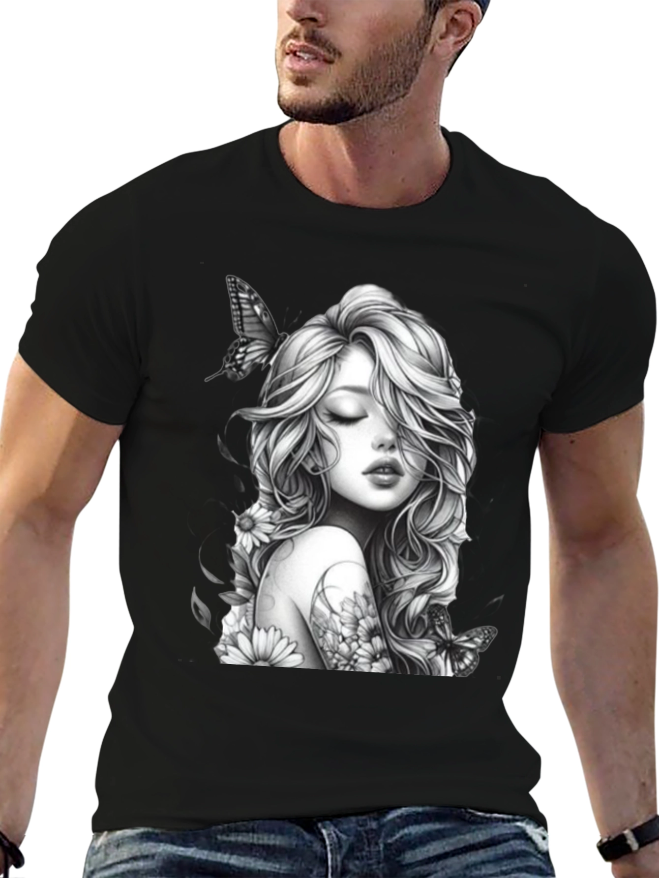 Black Black T-Shirt with Woman and Butterfly Design view 6
