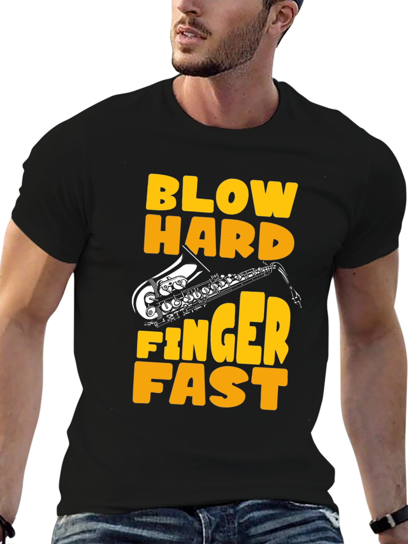 Black Blow Hard Finger Fast Saxophone Graphic Tee view 6
