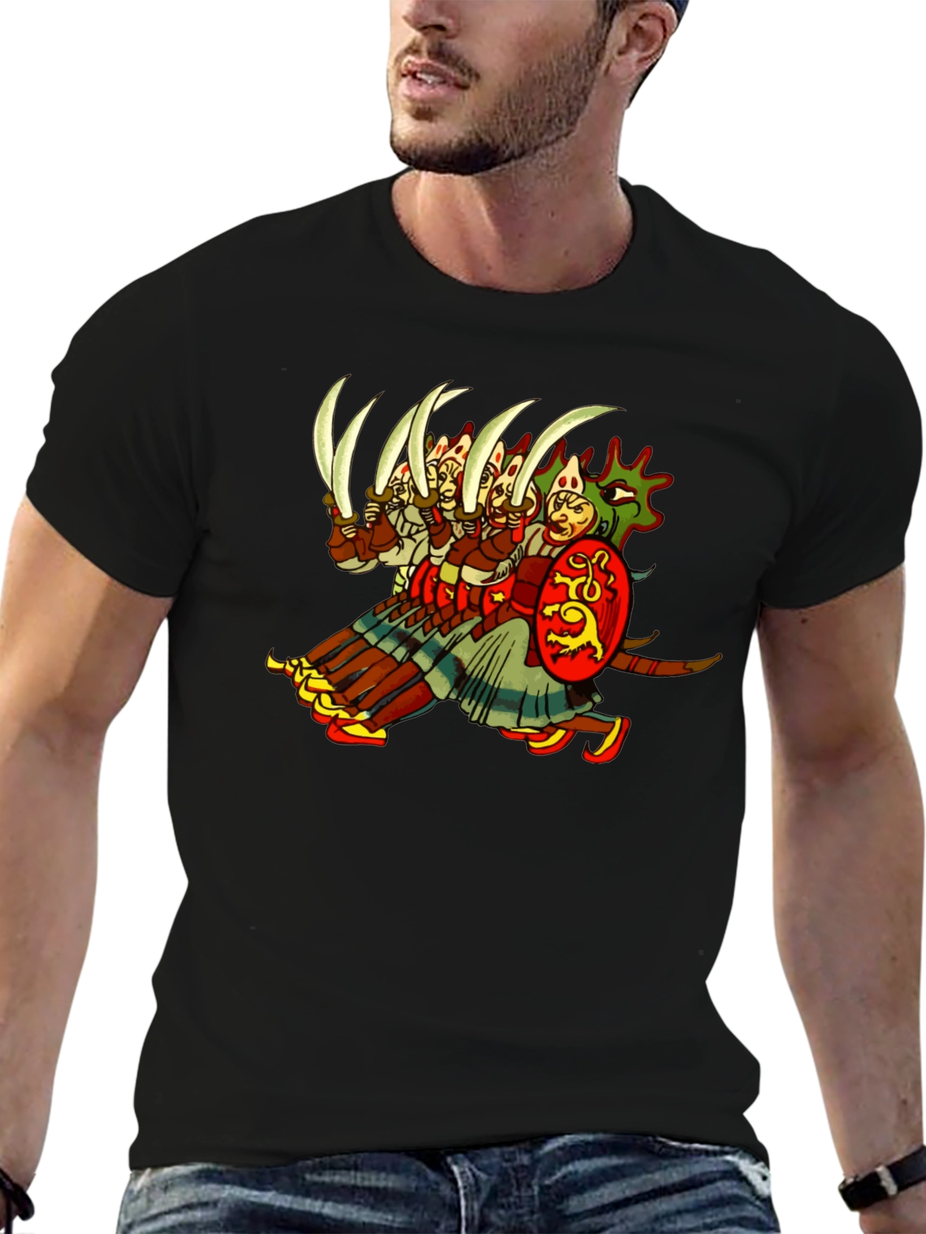Black Medieval Warrior Graphic Tee - Black Cotton T-Shirt view 6