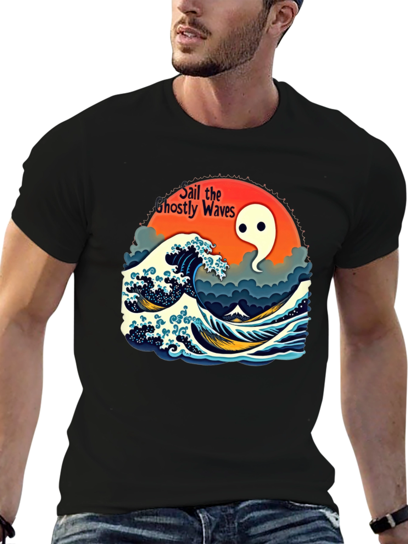 Black Ghostly Waves Graphic T-Shirt - Unisex view 6